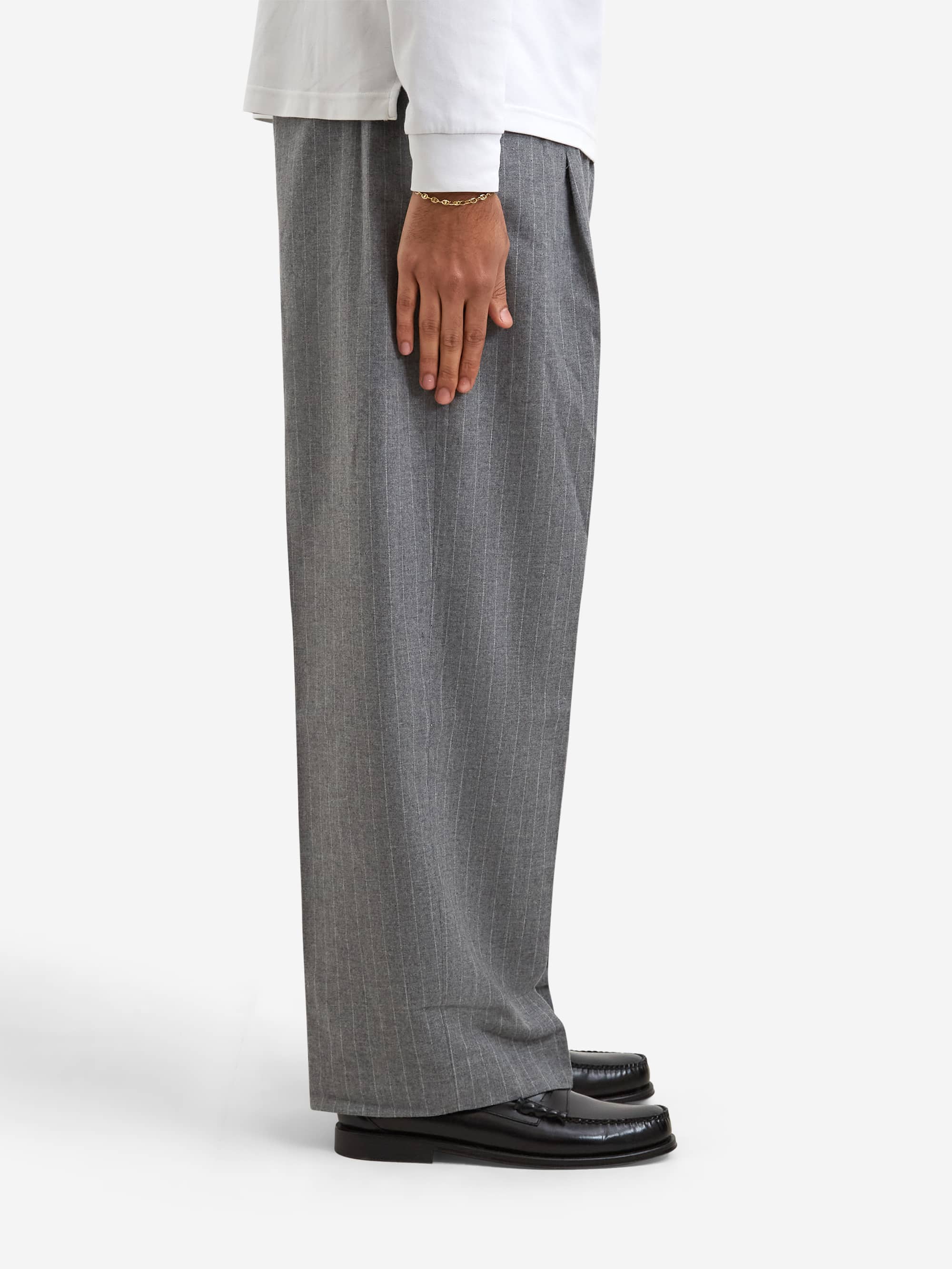 about:blank Wool Pinstripe Wide Leg Trouser - Grey/White - Image 4