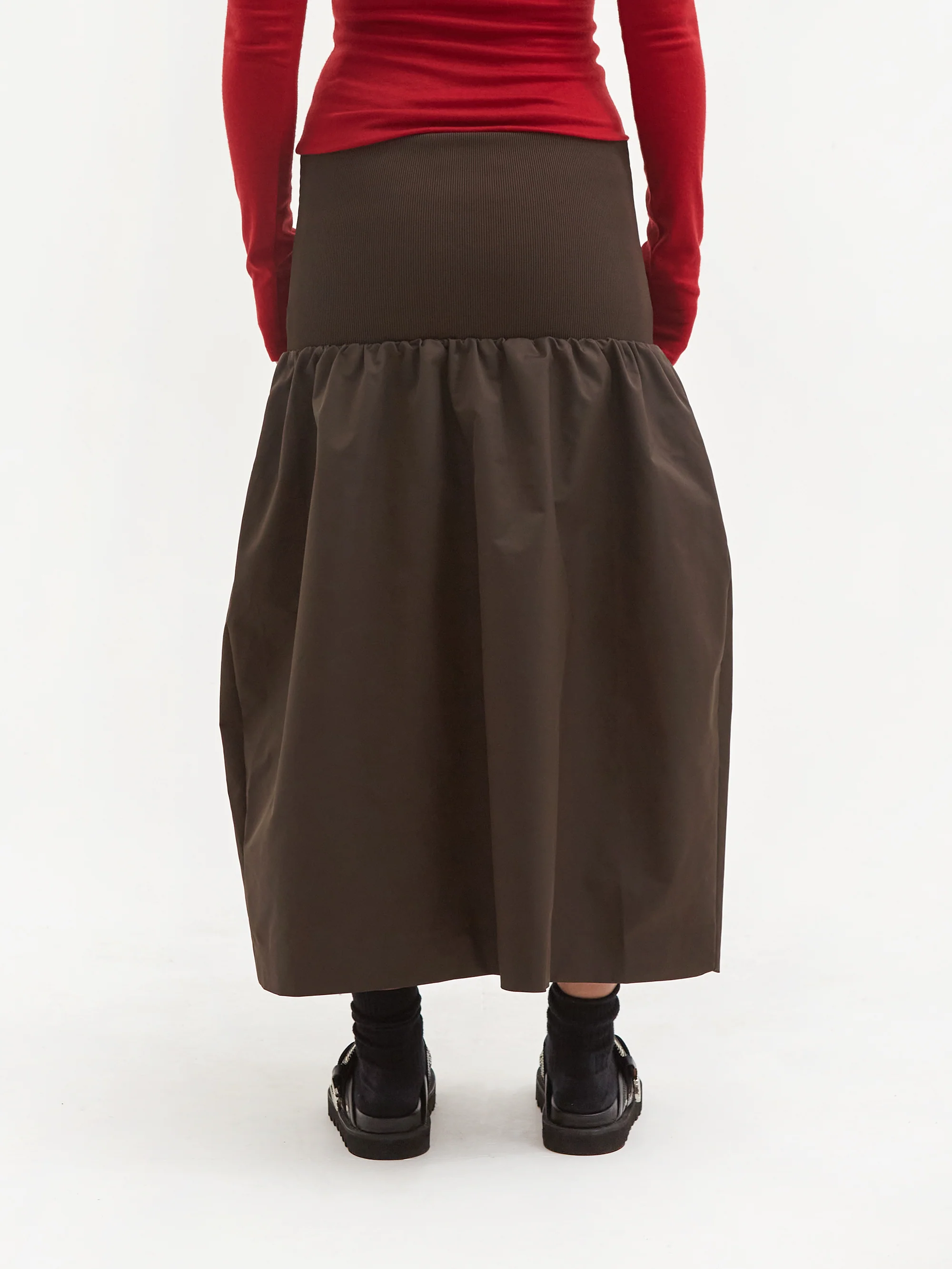 AMOMENTO Nylon Shirring Flared Skirt - Brown - Image 5