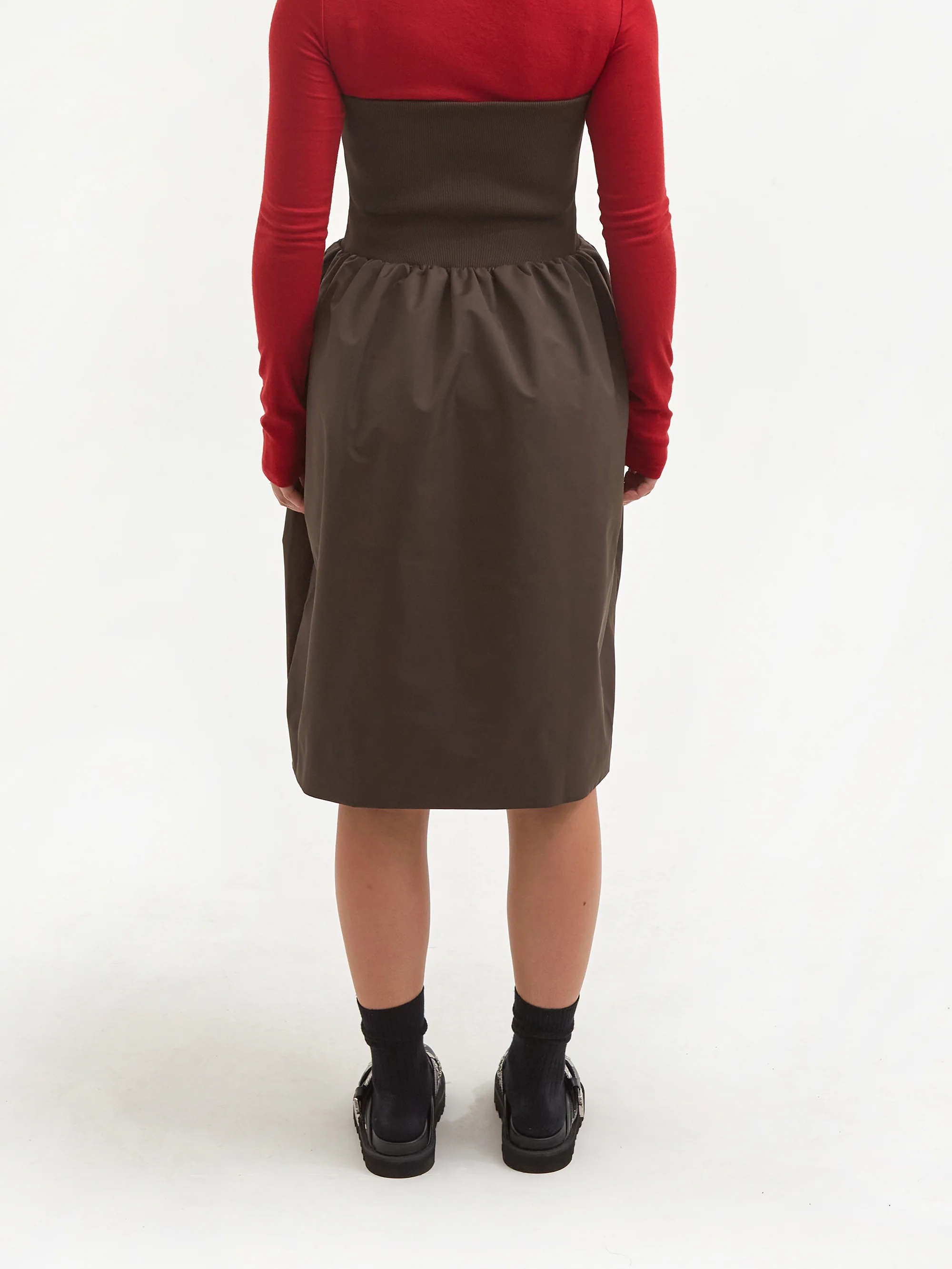AMOMENTO Nylon Shirring Flared Skirt - Brown - Image 6