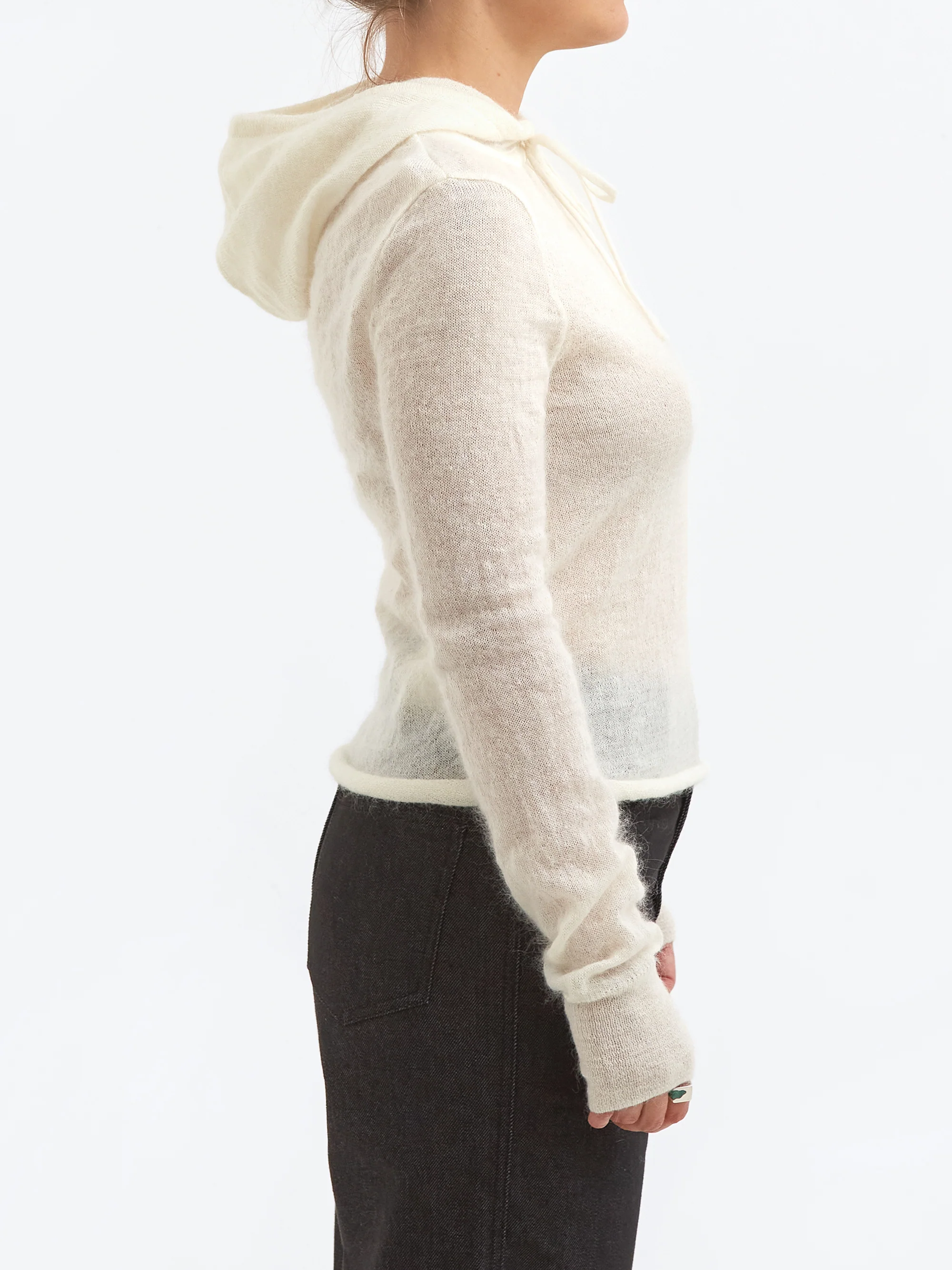 AMOMENTO Sheer Drawstring Knit Hoodie - Ivory - Image 2