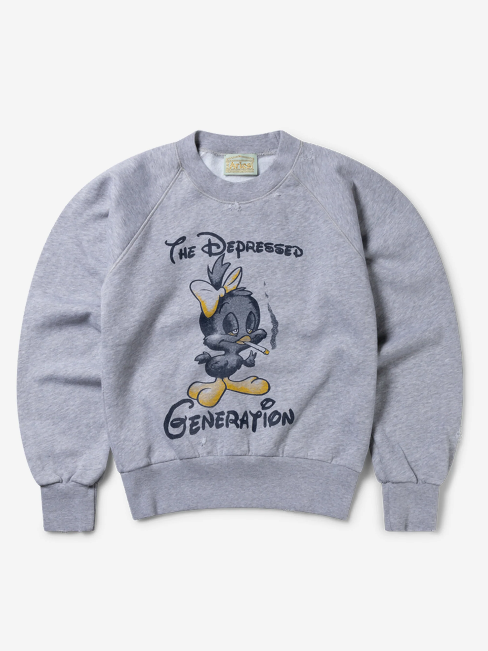 Aries Destroyed Weedie Pie Raglan Sweat - Light Grey Marl