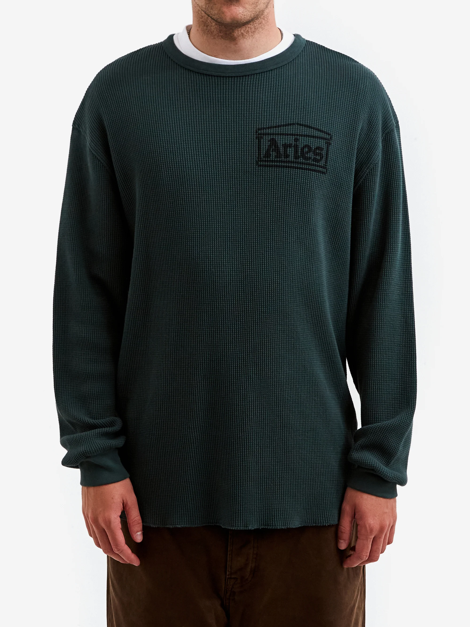 Aries Waffle Long Sleeve T-Shirt - Dark Olive - Image 2