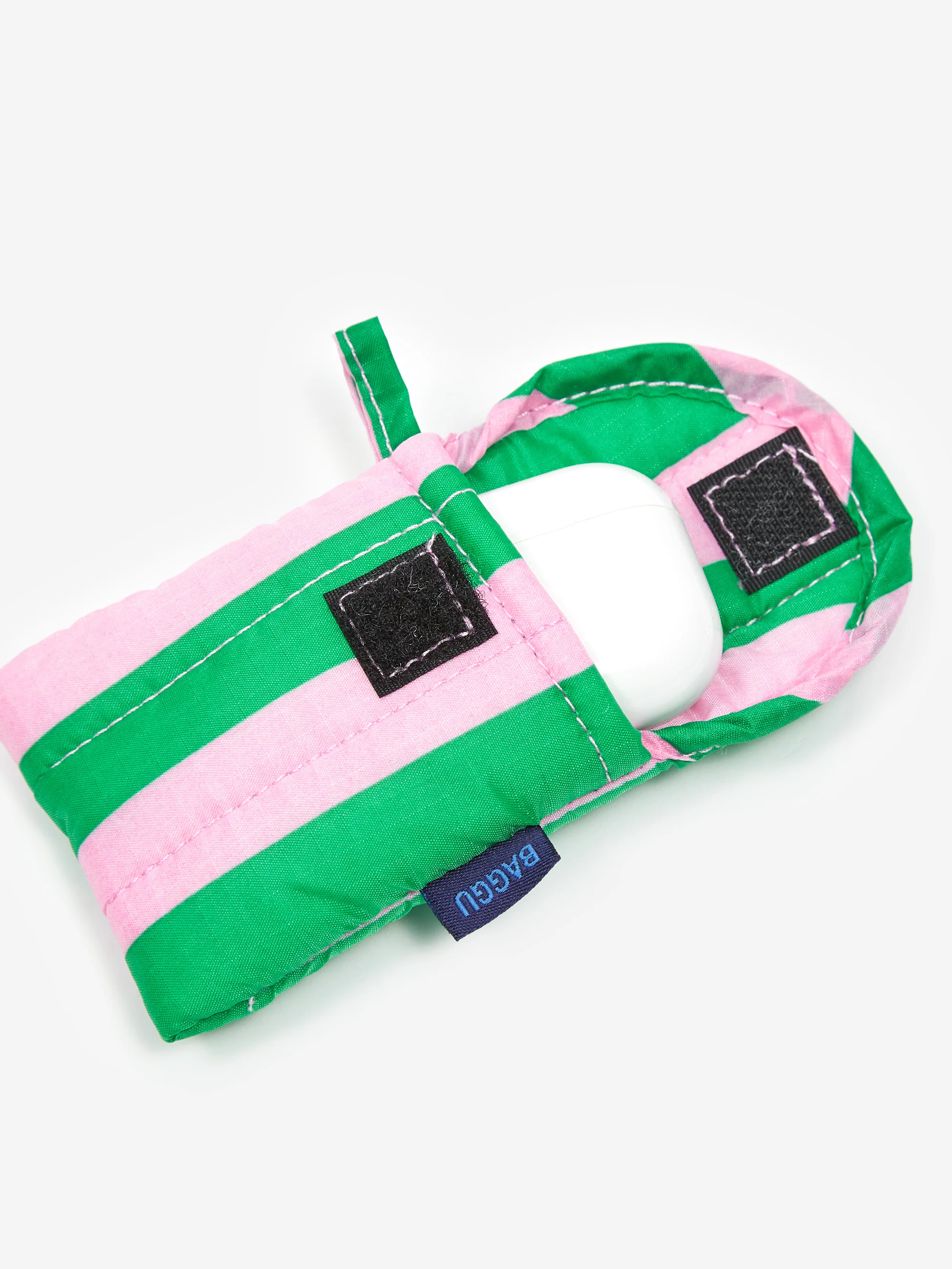 BAGGU Puffy Earbuds Case - Pink Green Awning Stripe - Image 2