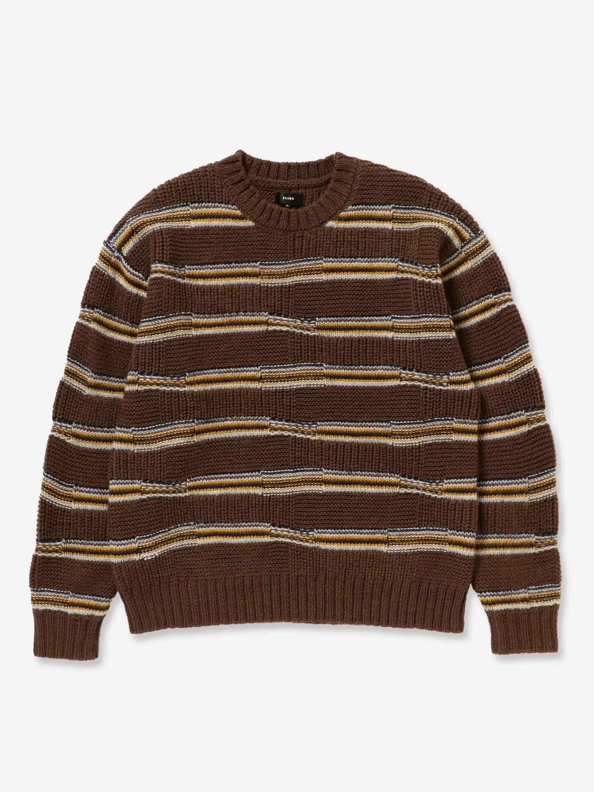 Beams 3Gauge Lynx Border Crew Neck - Brown