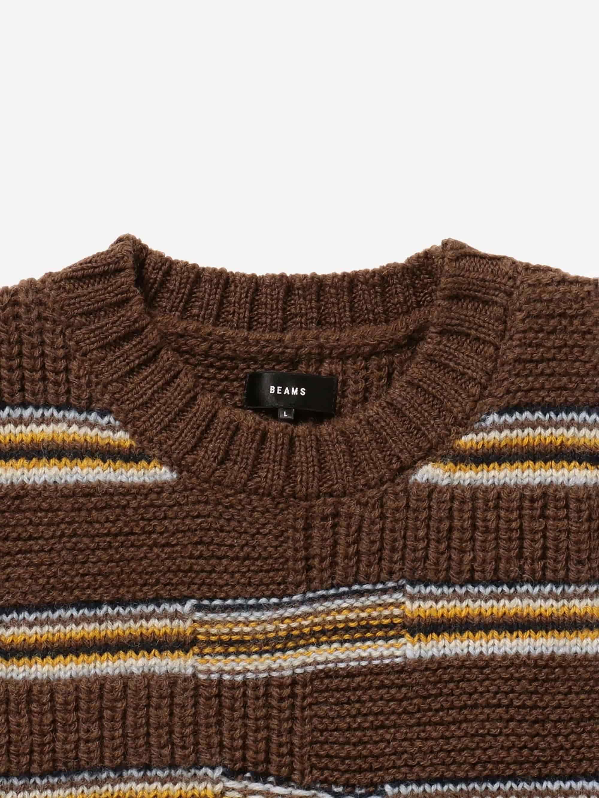Beams 3Gauge Lynx Border Crew Neck - Brown - Image 2
