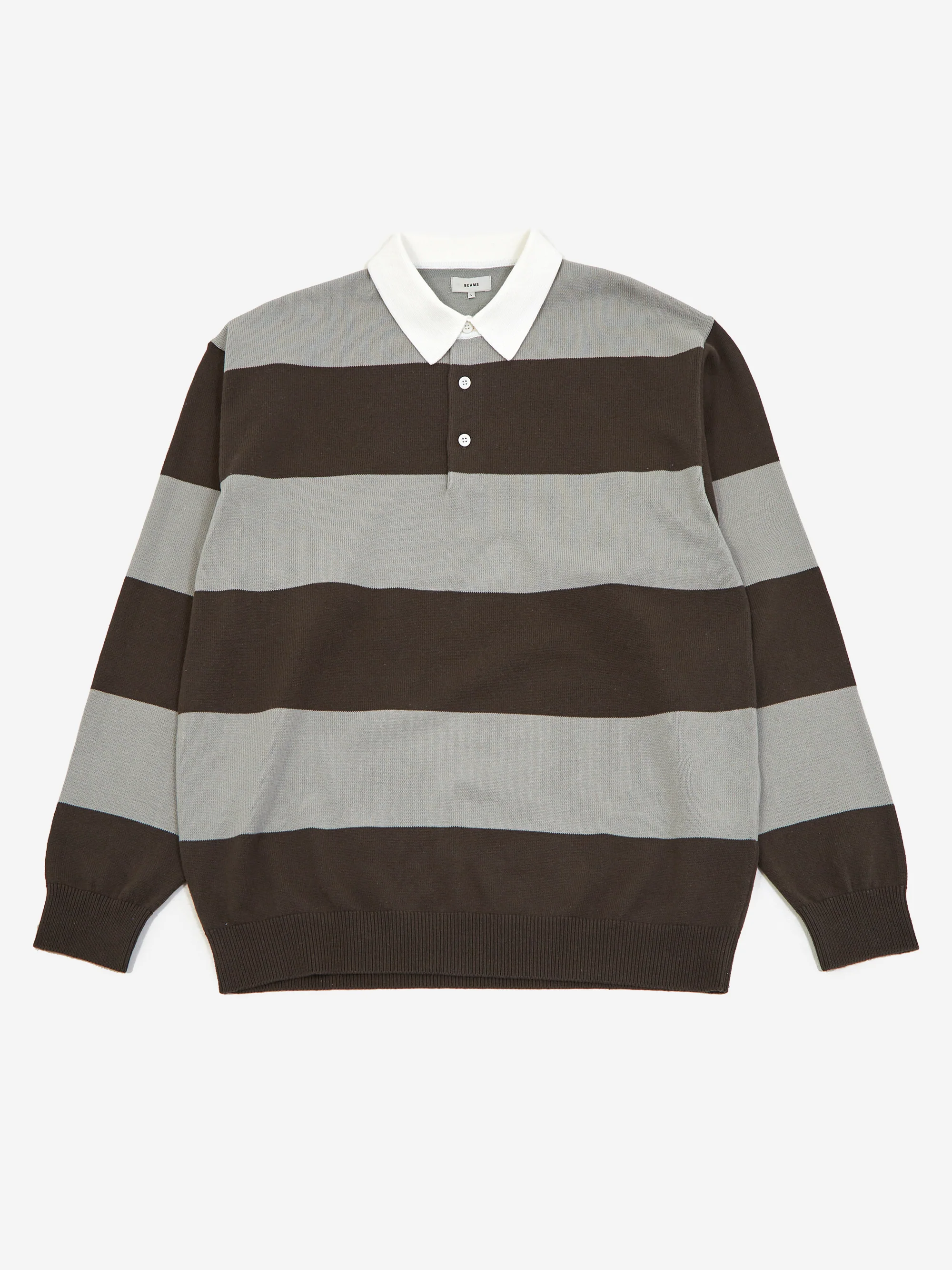 Beams 7g Stripe Knit Rugby Shirt - Charcoal Grey