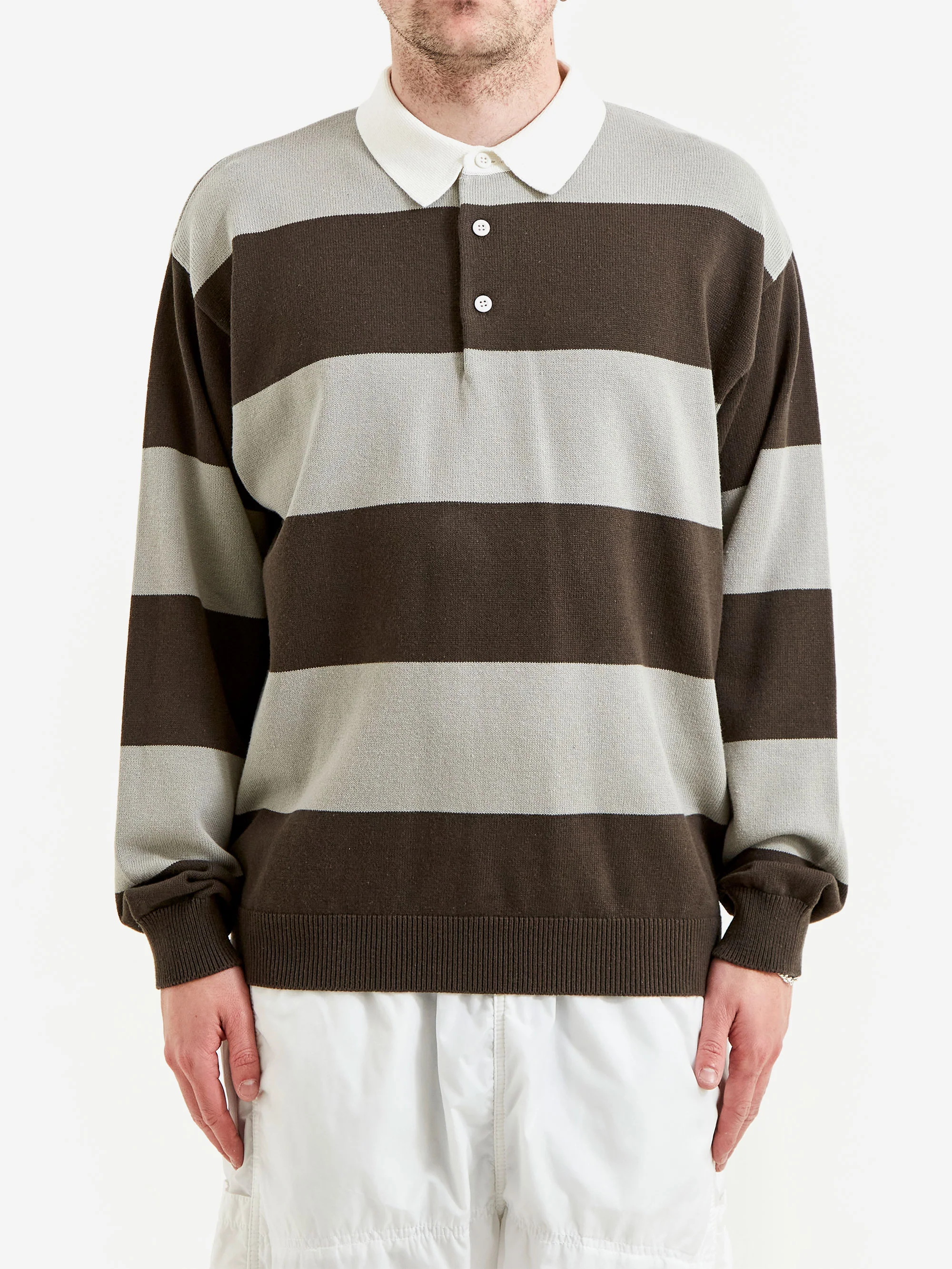 Beams 7g Stripe Knit Rugby Shirt - Charcoal Grey - Image 2