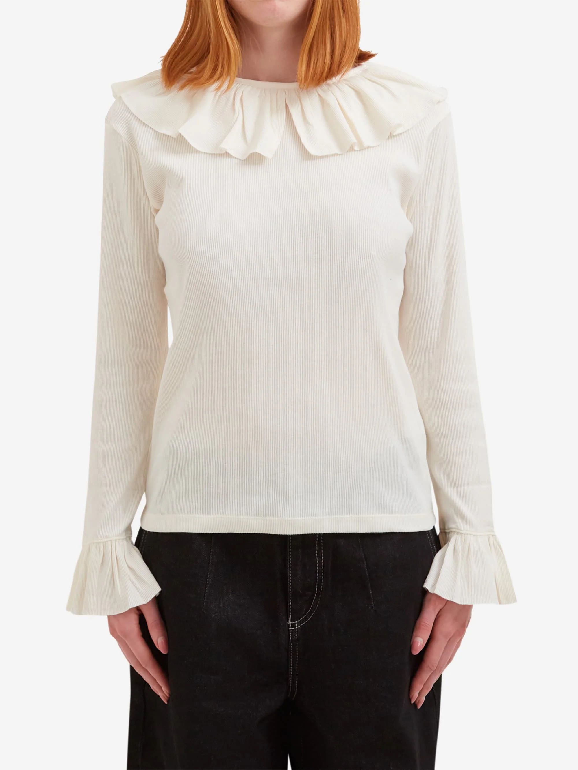 Beams Boy Knitted Ruffle Gathered Longsleeve T-shirt - Ivory