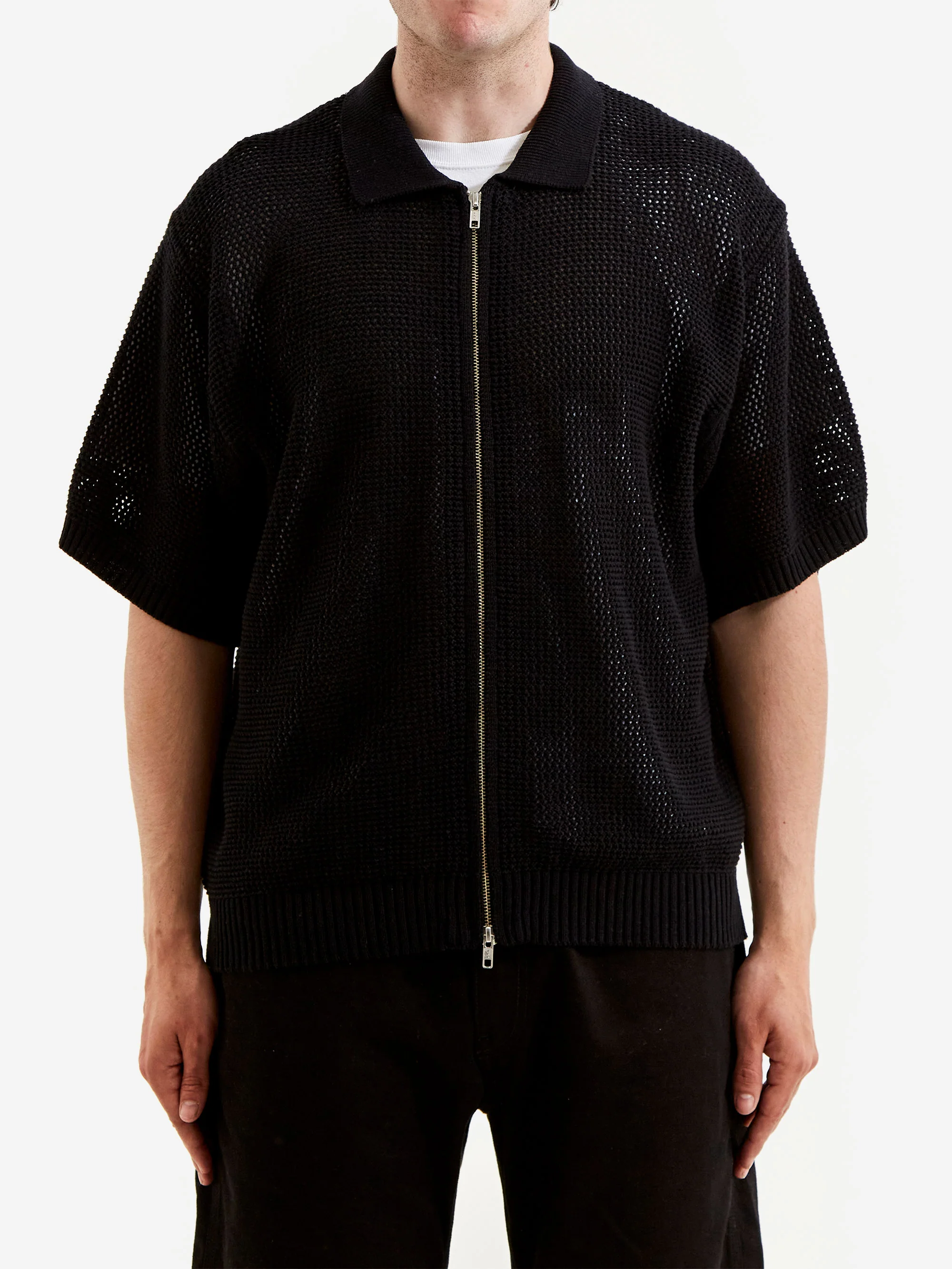 Beams Mesh Knit Polo Shirt - Black - Image 3