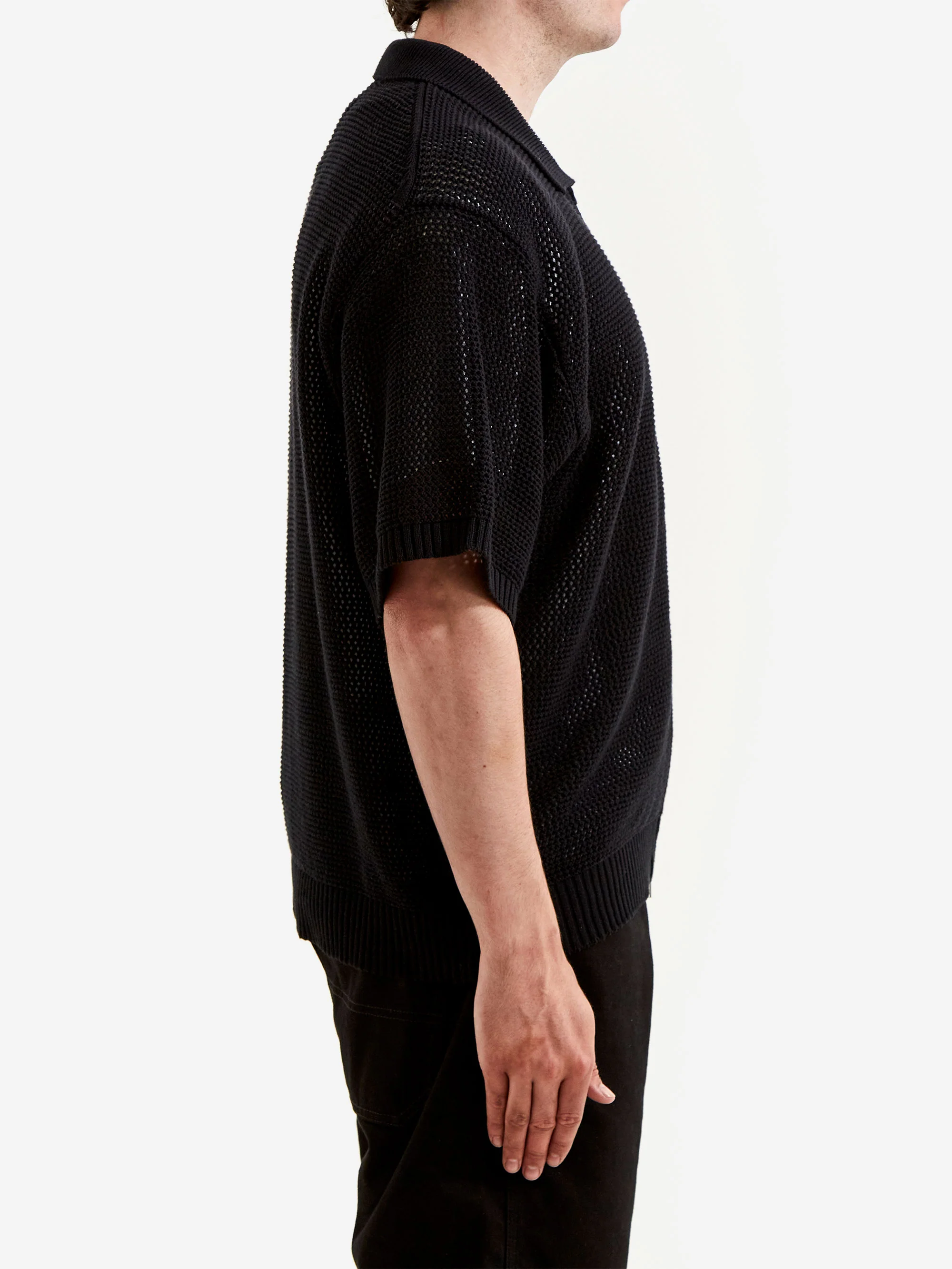 Beams Mesh Knit Polo Shirt - Black - Image 6