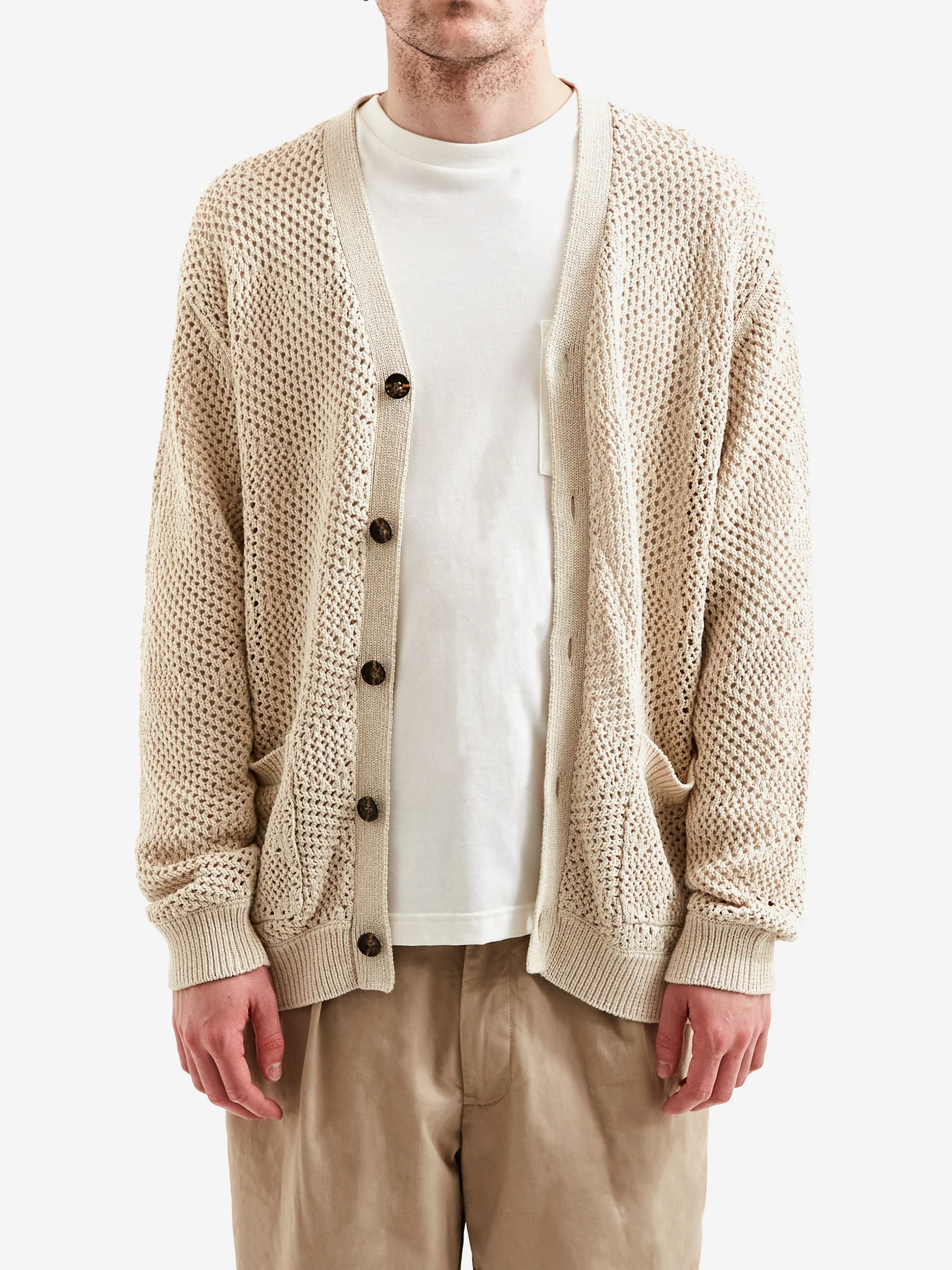 Beams Plus Argyle Mesh Cardigan - Beige - Image 5