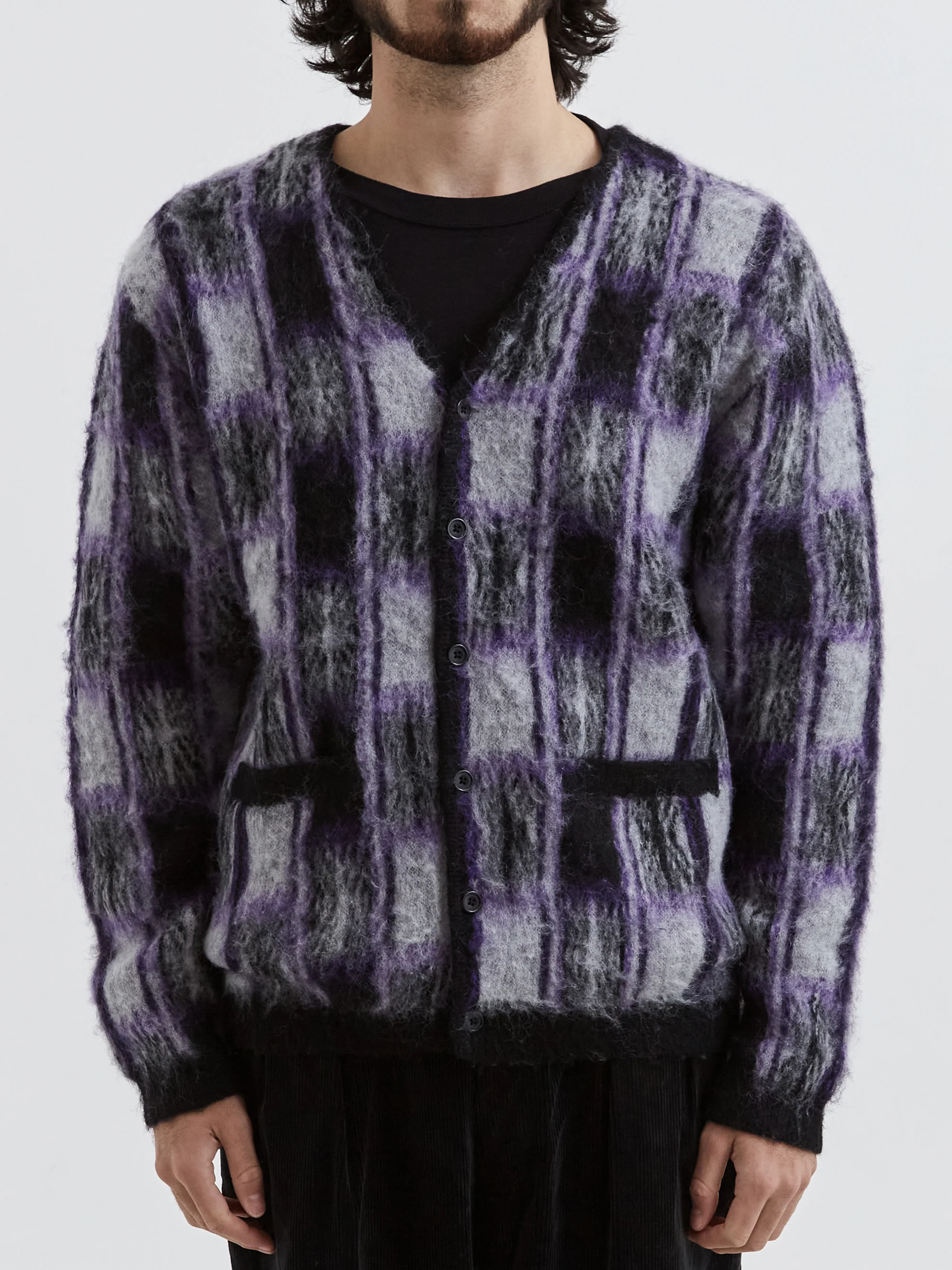 Beams Plus Cardigan Double Jacquard Check Pattern - Black - Image 4