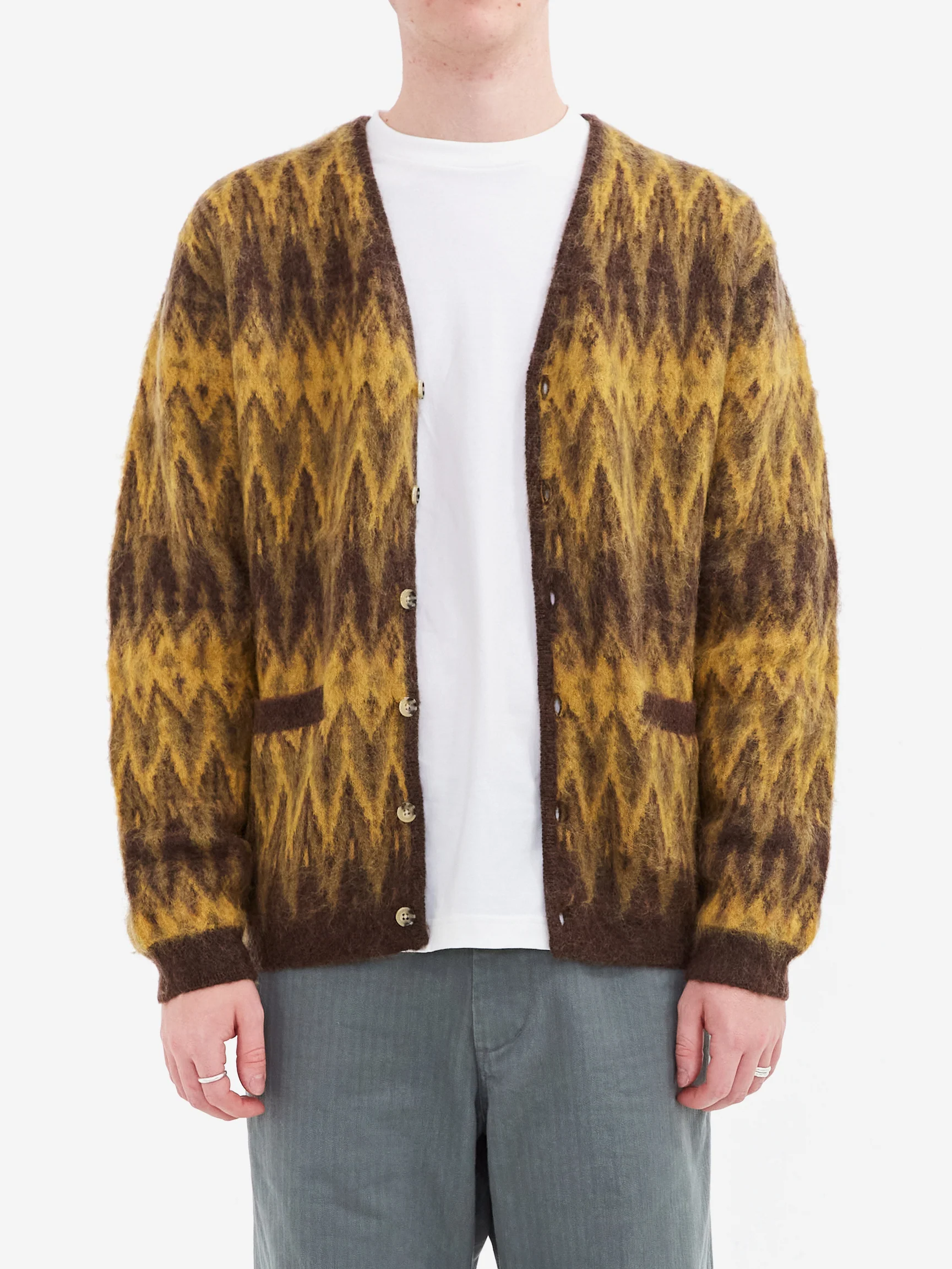 Beams Plus Cardigan Double Jacquard Chevron Pattern - Brown - Image 2