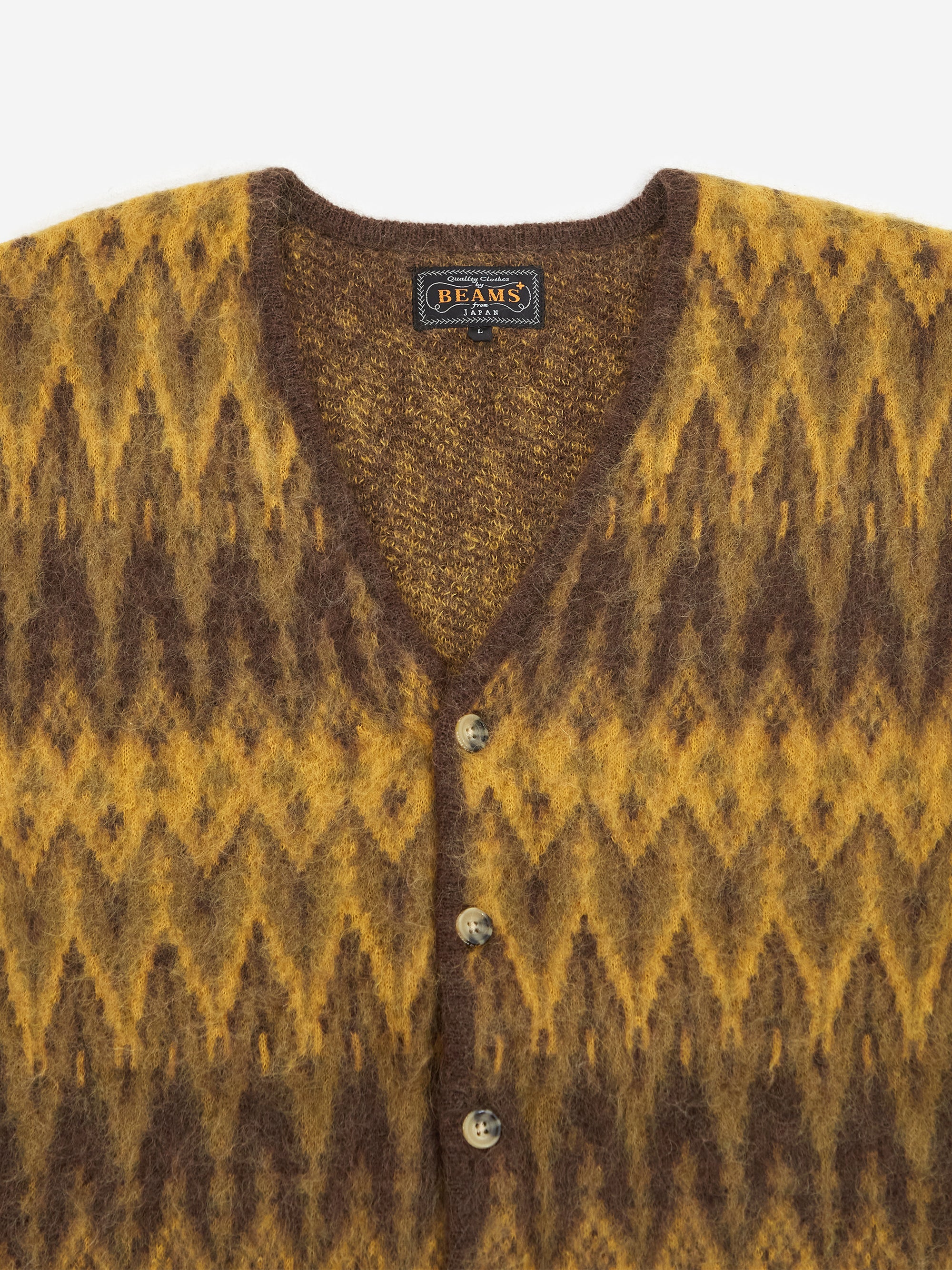 Beams Plus Cardigan Double Jacquard Chevron Pattern - Brown - Image 3