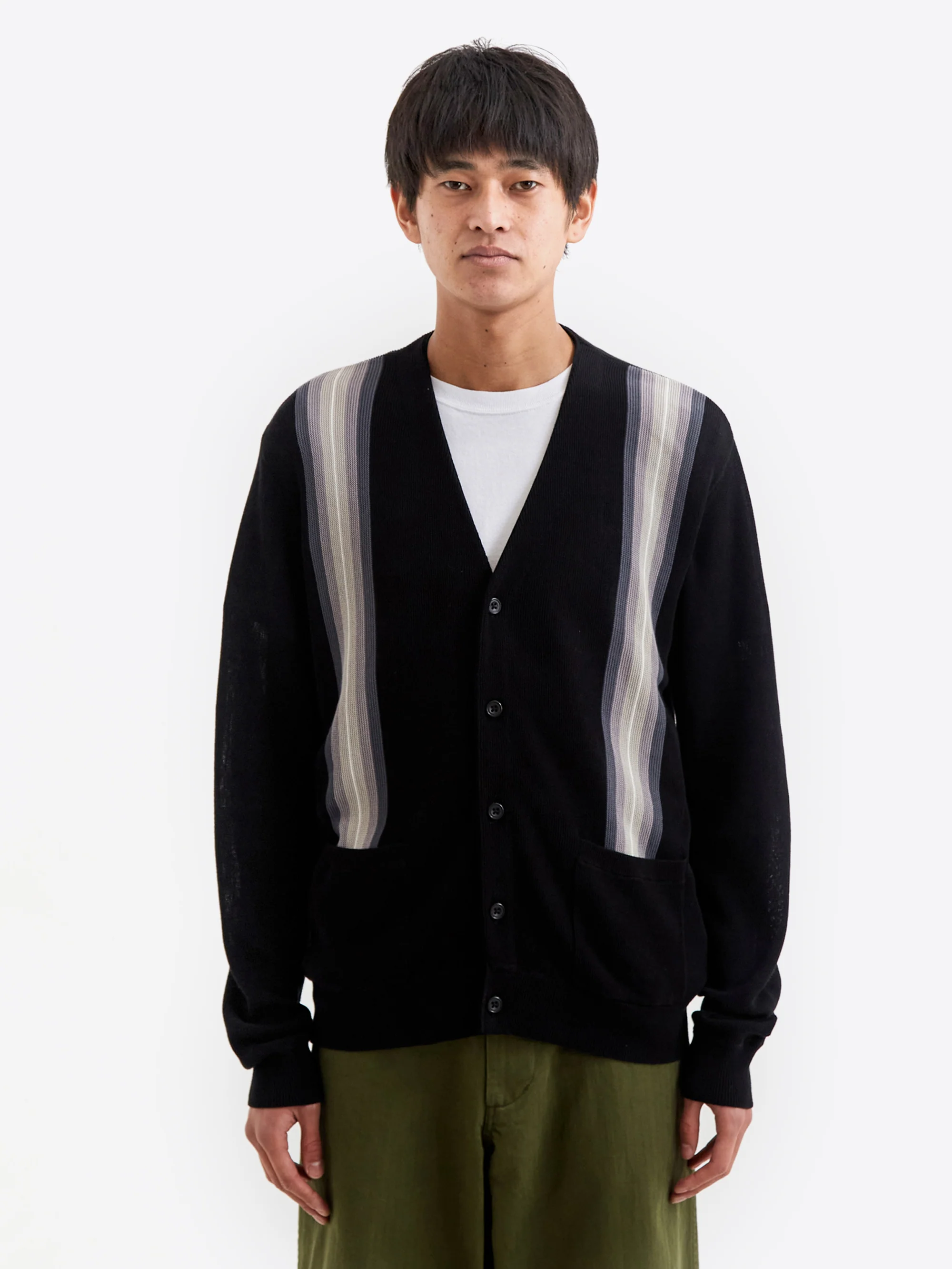 Beams Plus Cardigan Stripe Jacquard - Black - Image 2