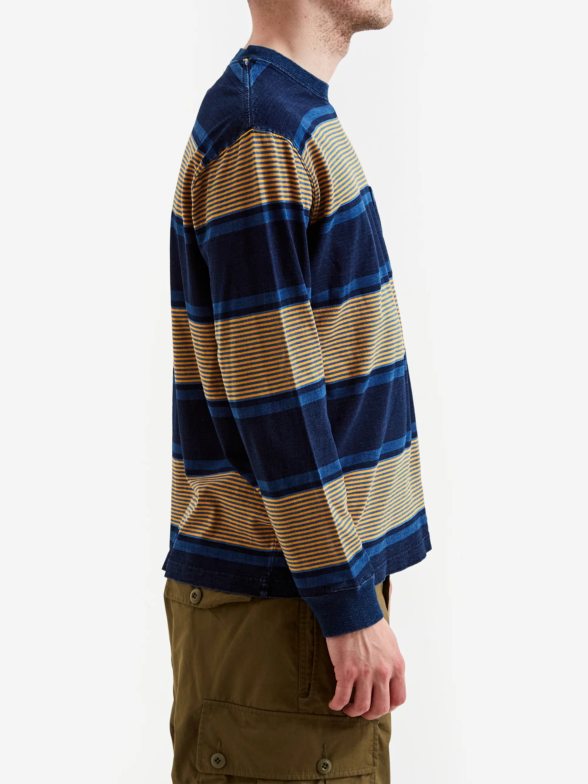 Beams Plus Indigo Stripe Pocket T-Shirt - Navy - Image 5