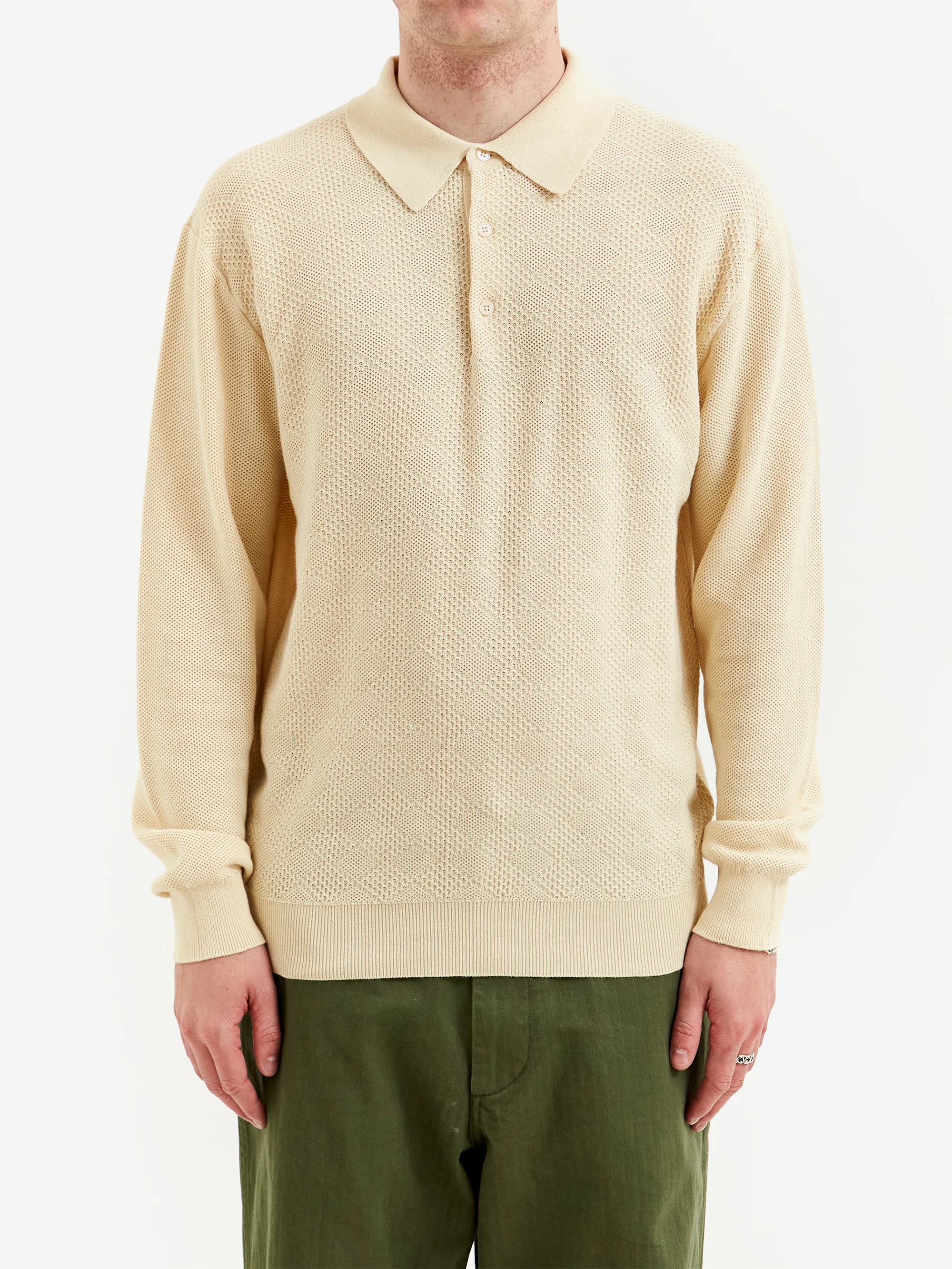 Beams Plus Knit Polo Diamond Pattern - Off White - Image 2