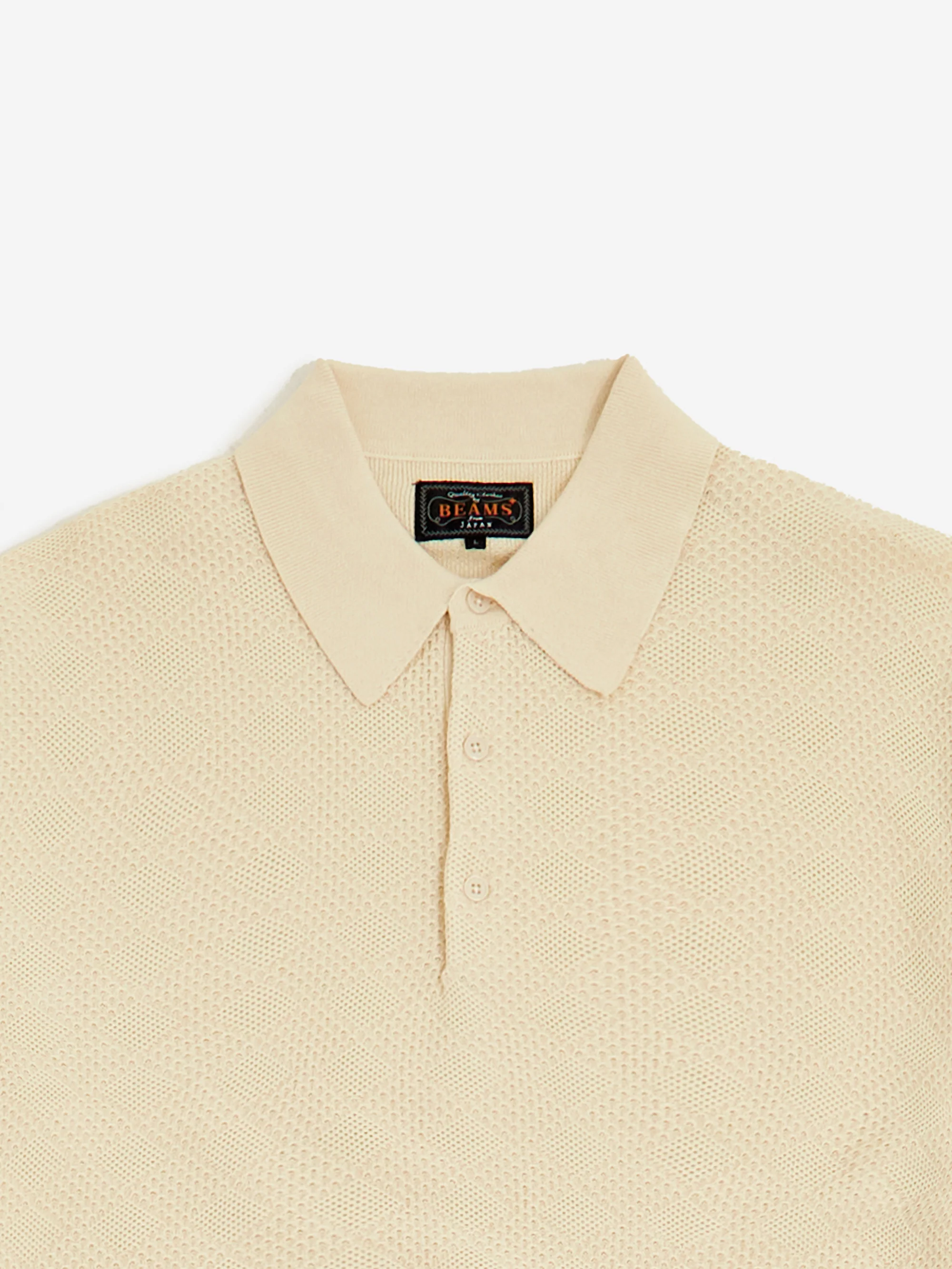 Beams Plus Knit Polo Diamond Pattern - Off White - Image 3