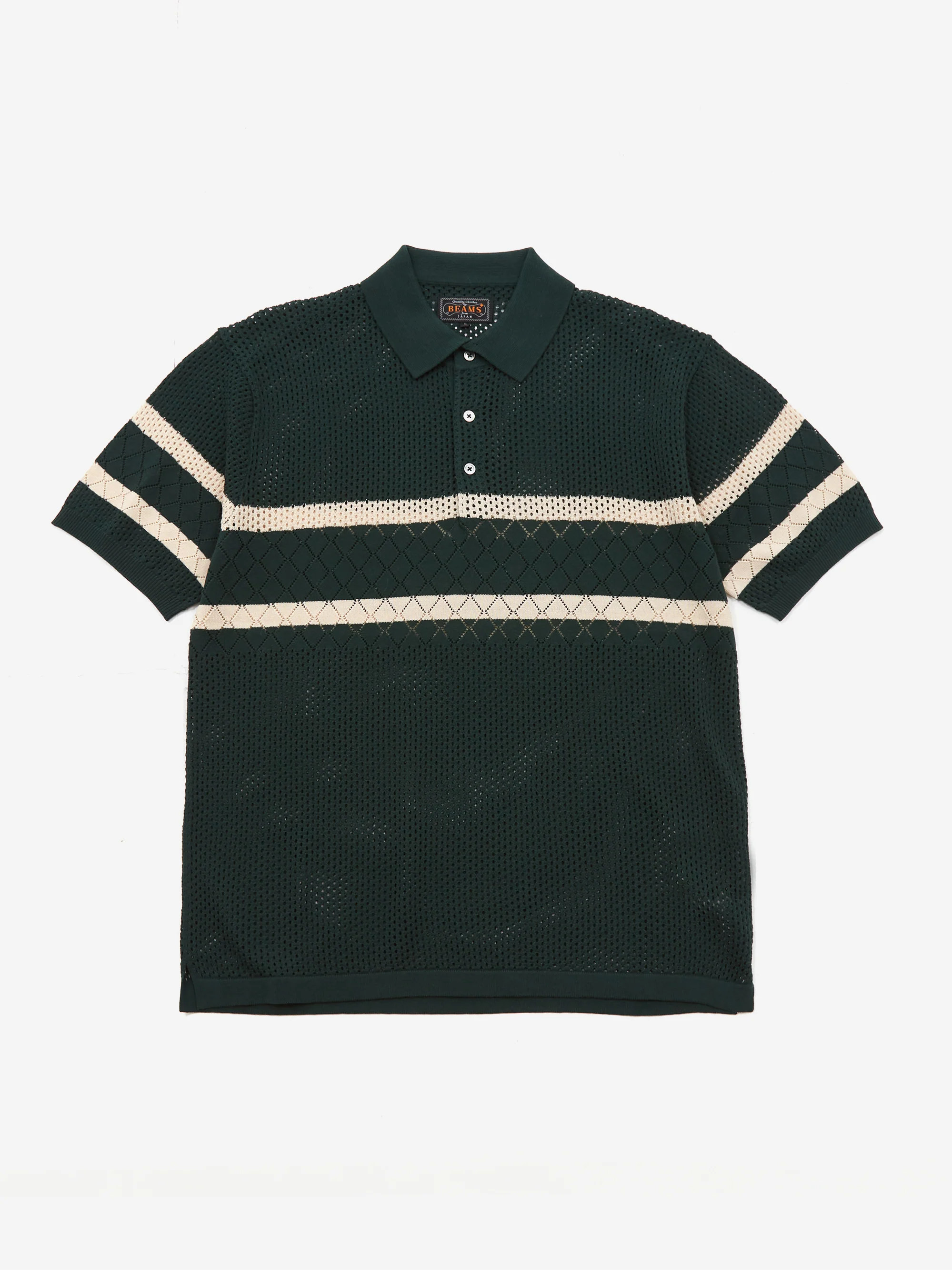 Beams Plus Knit Polo Mesh Stripe - Green