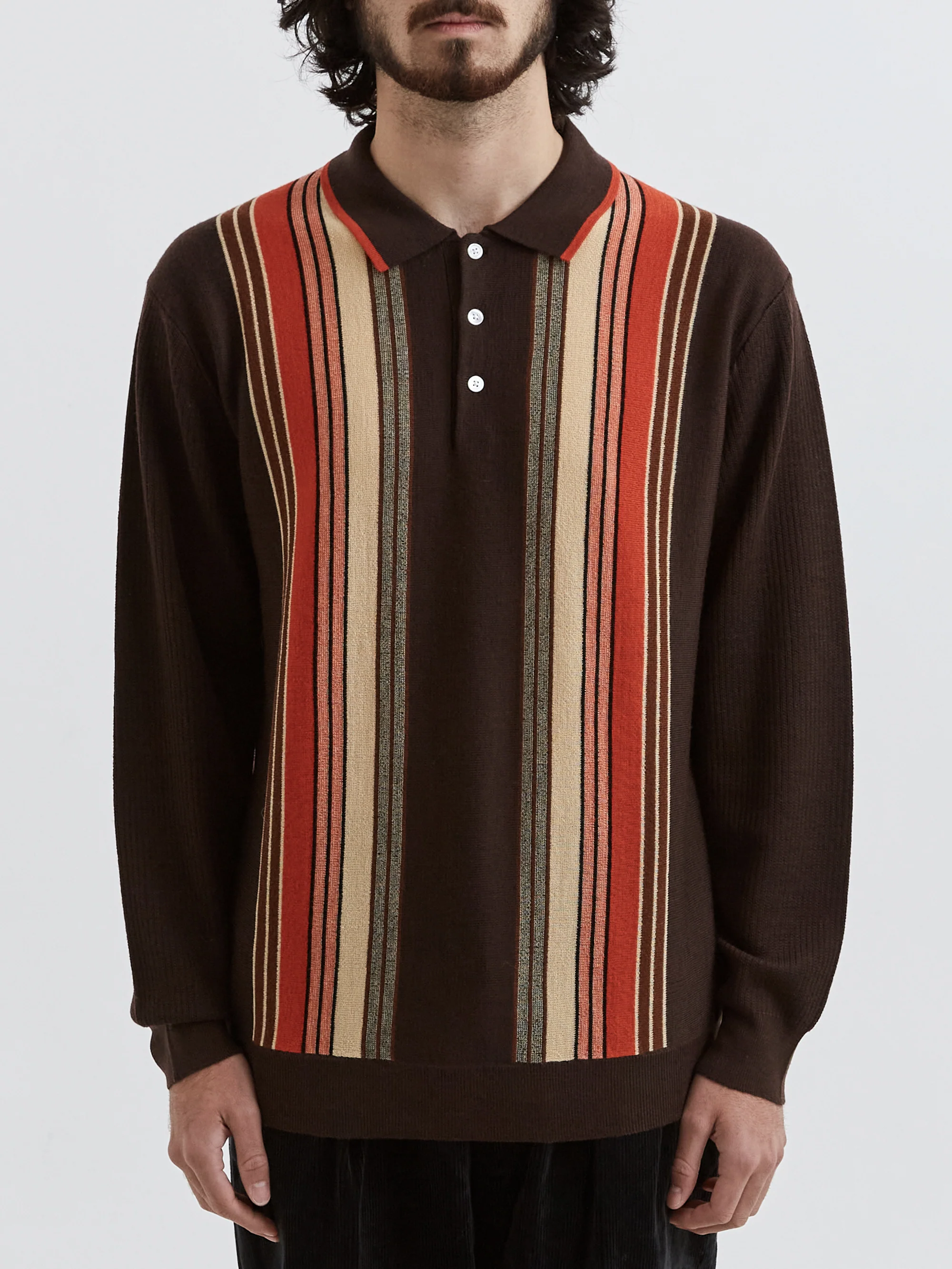 Beams Plus Knit Polo Stripe - Dark Brown - Image 4