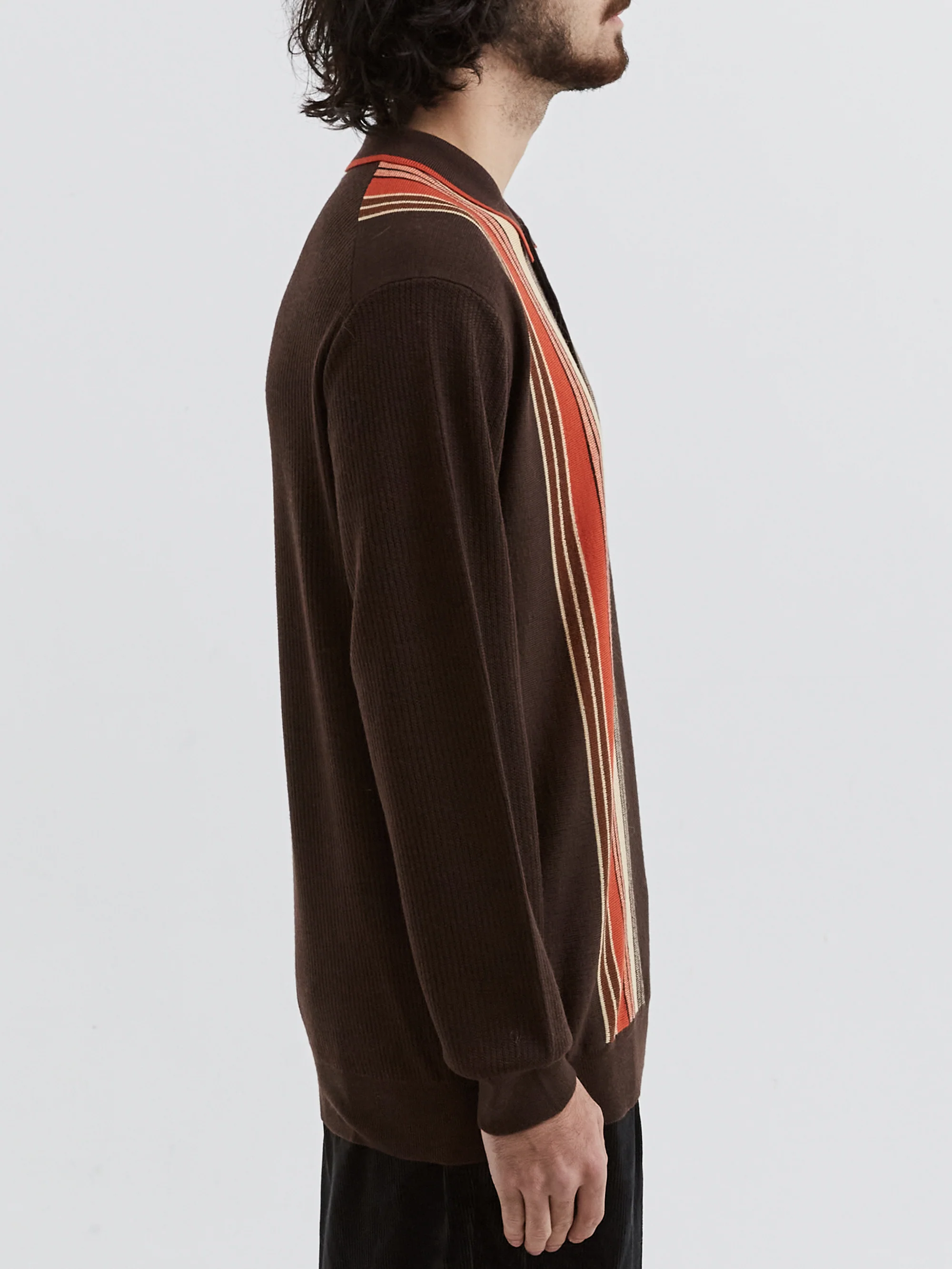 Beams Plus Knit Polo Stripe - Dark Brown - Image 5