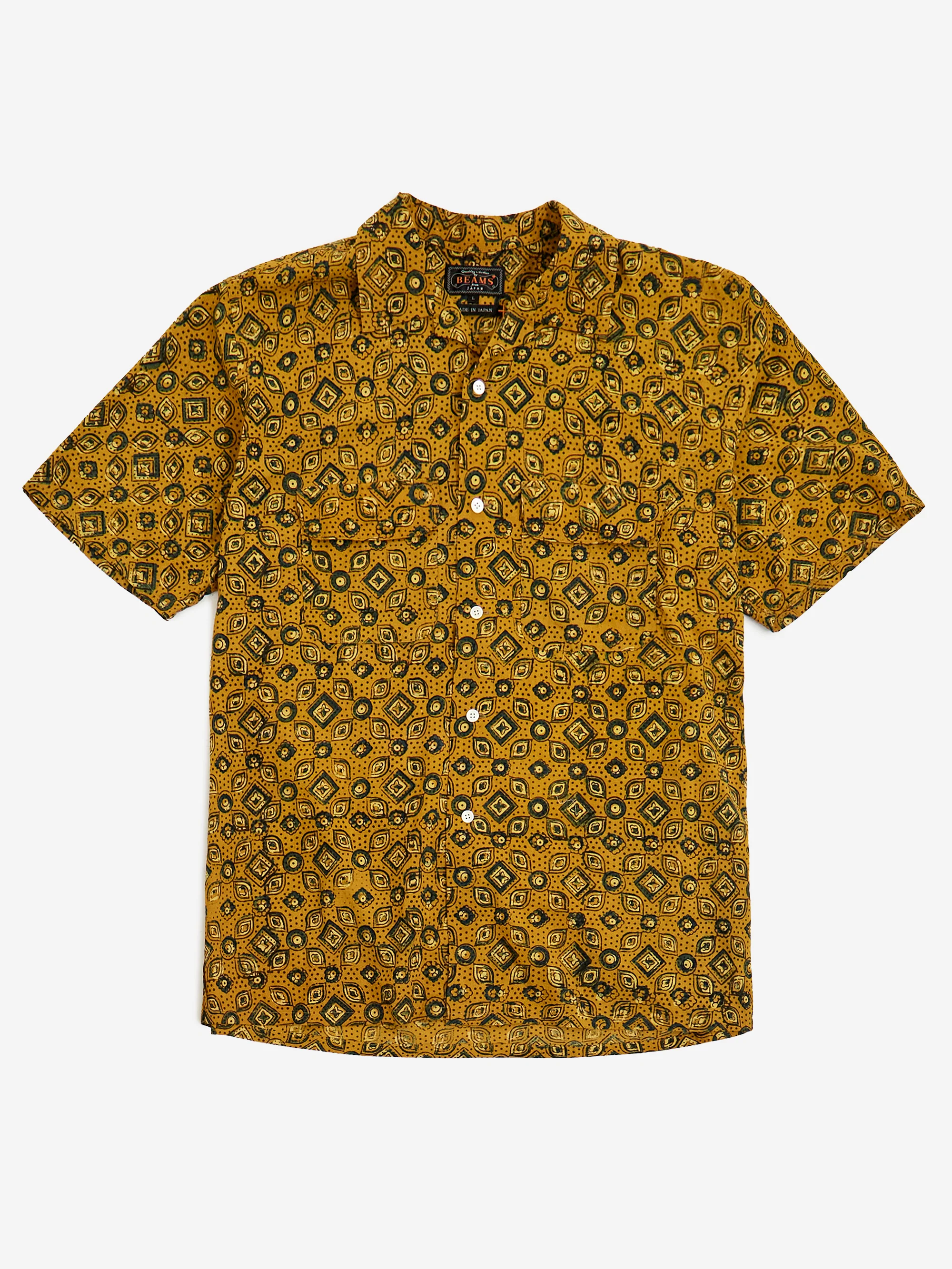 Beams Plus Open Collar Block Print Islamic Geometric Pattern - Mustard