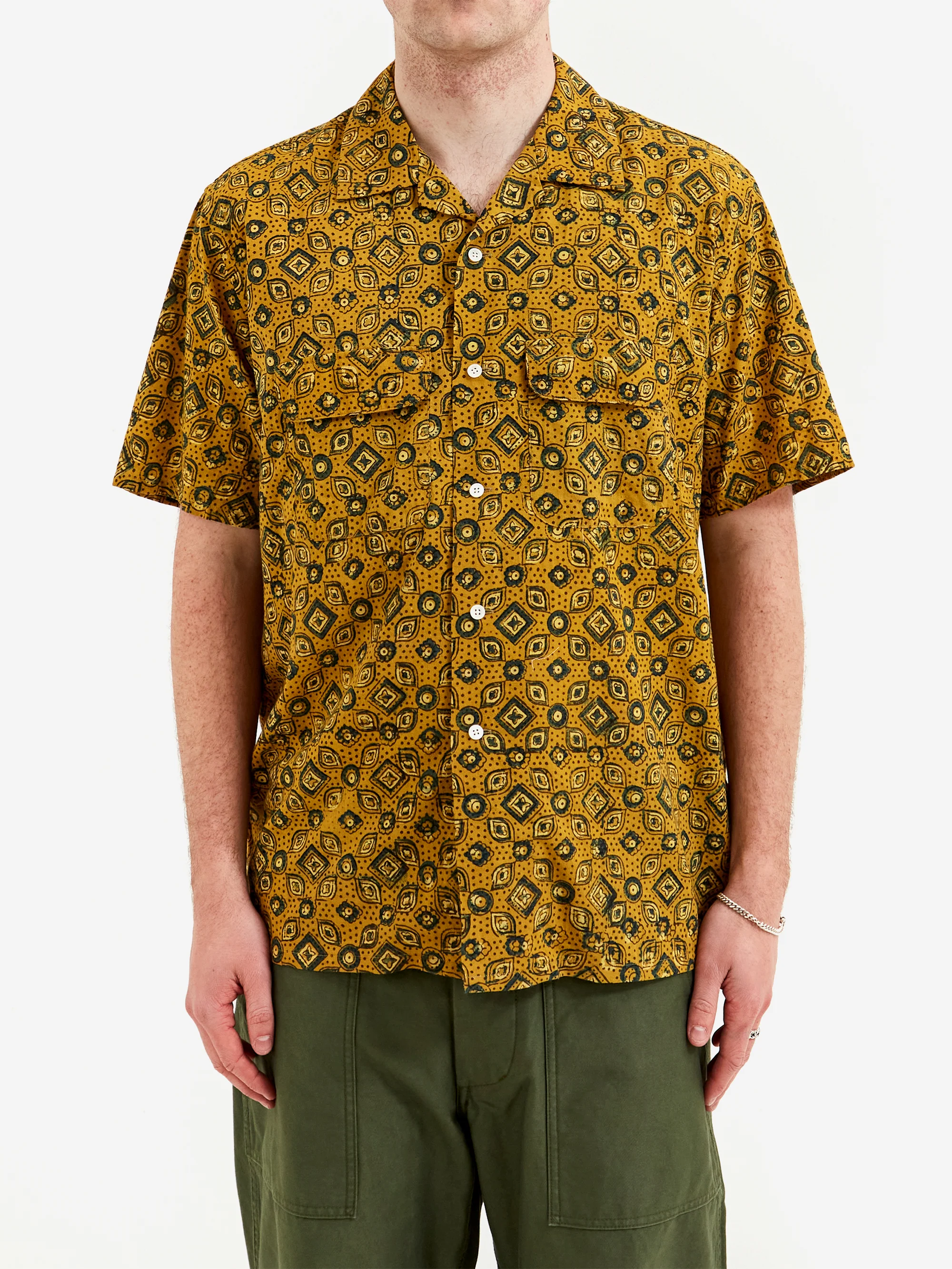 Beams Plus Open Collar Block Print Islamic Geometric Pattern - Mustard - Image 2