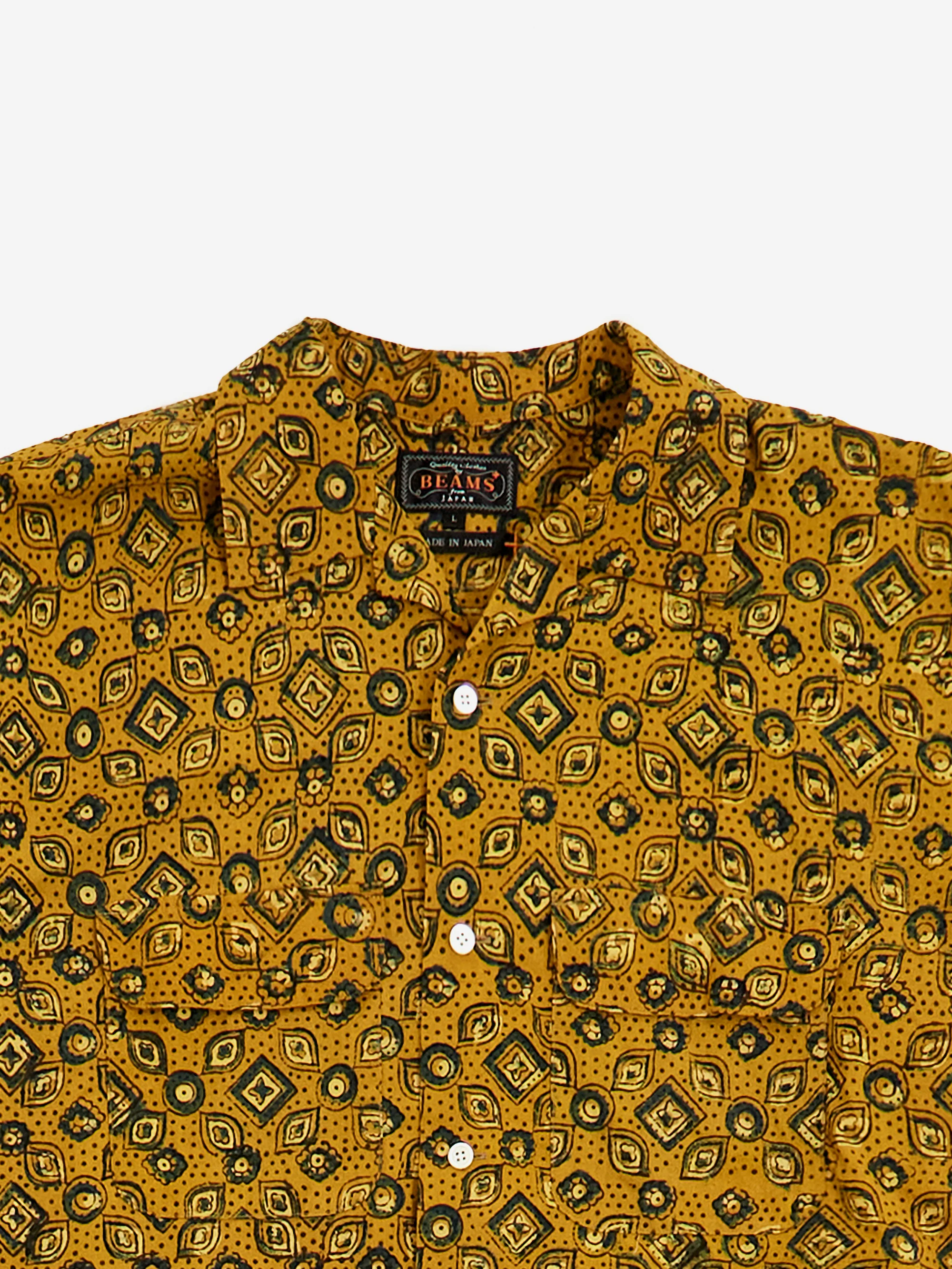 Beams Plus Open Collar Block Print Islamic Geometric Pattern - Mustard - Image 3