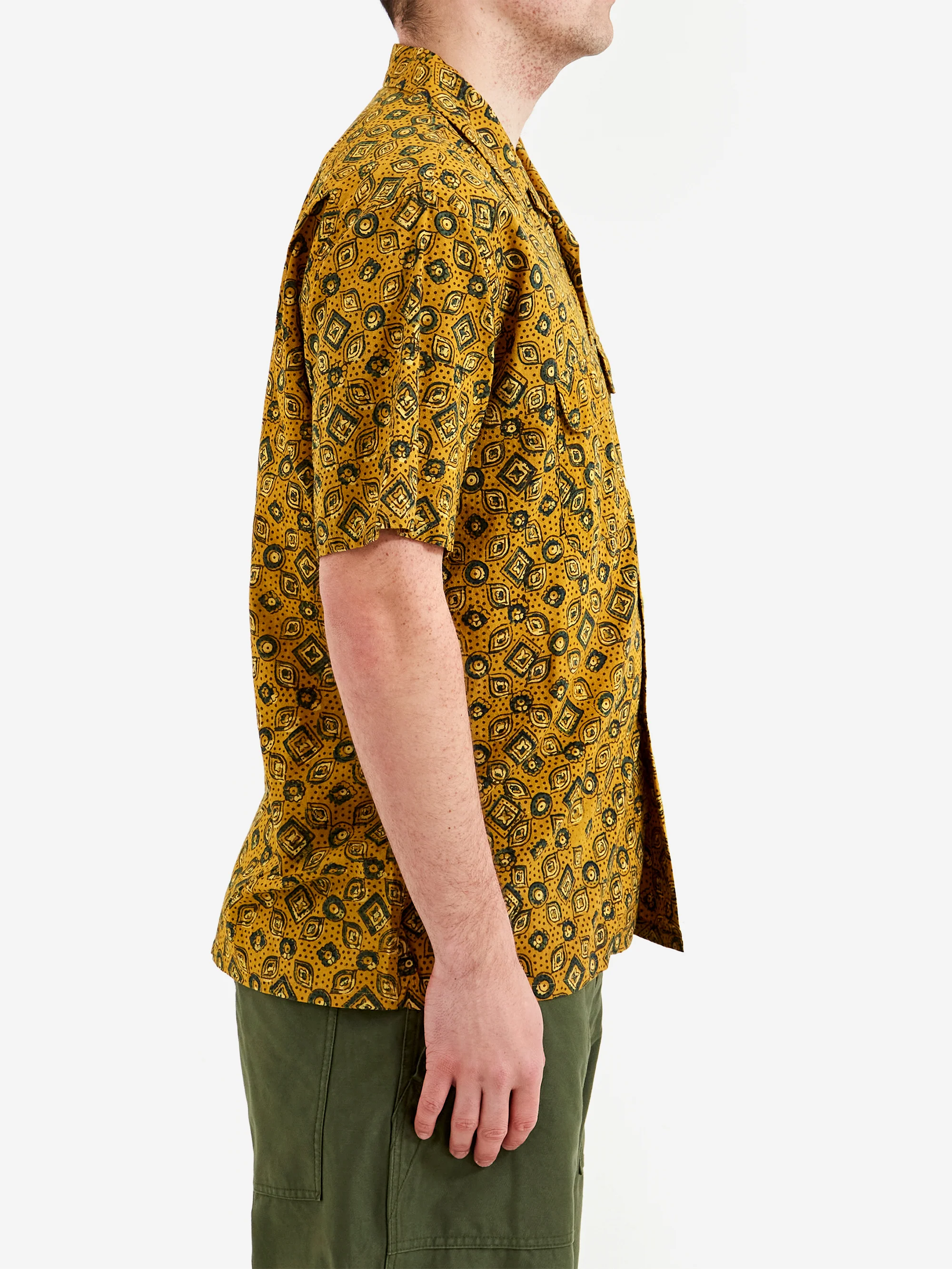 Beams Plus Open Collar Block Print Islamic Geometric Pattern - Mustard - Image 5