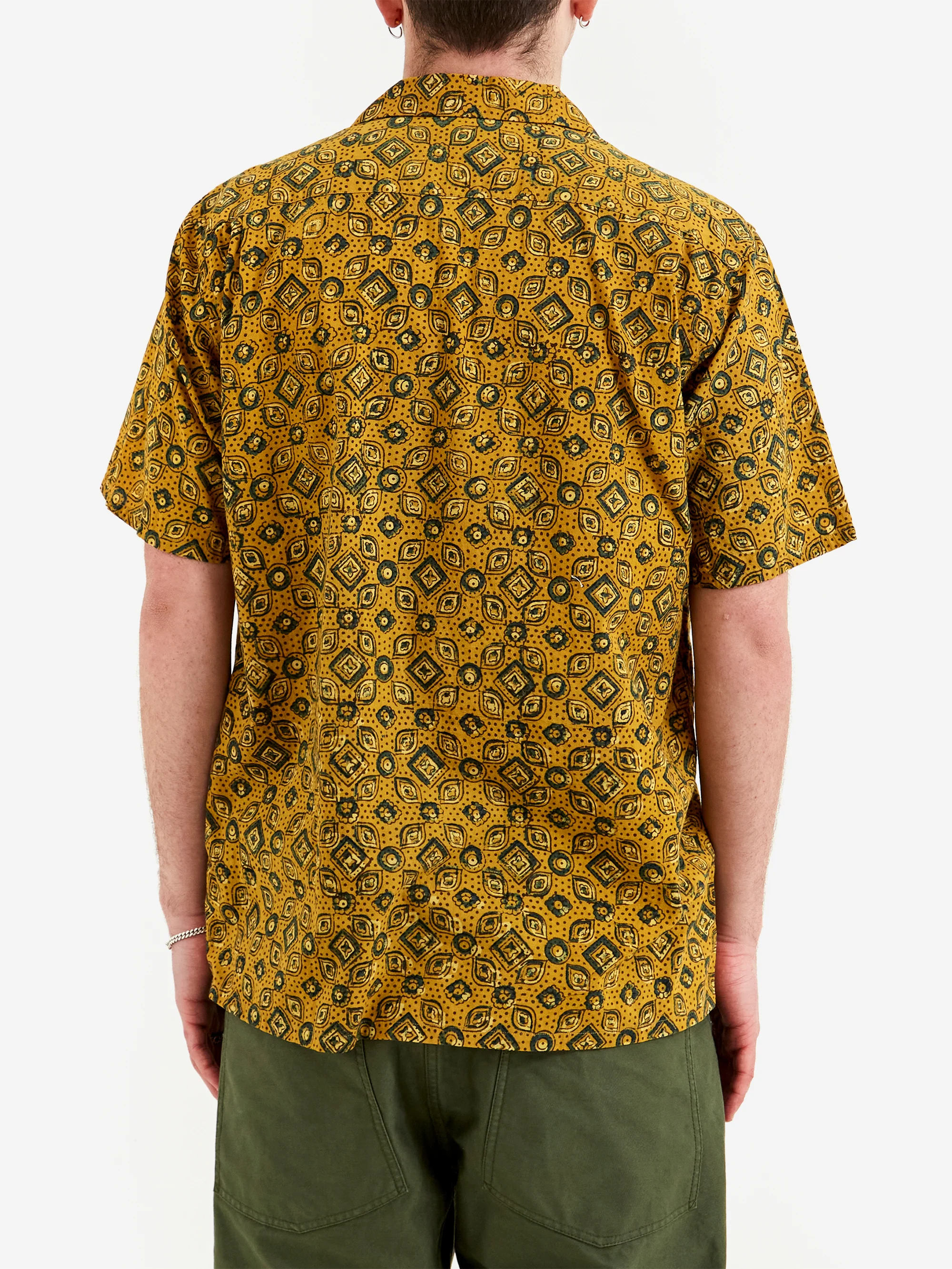 Beams Plus Open Collar Block Print Islamic Geometric Pattern - Mustard - Image 6