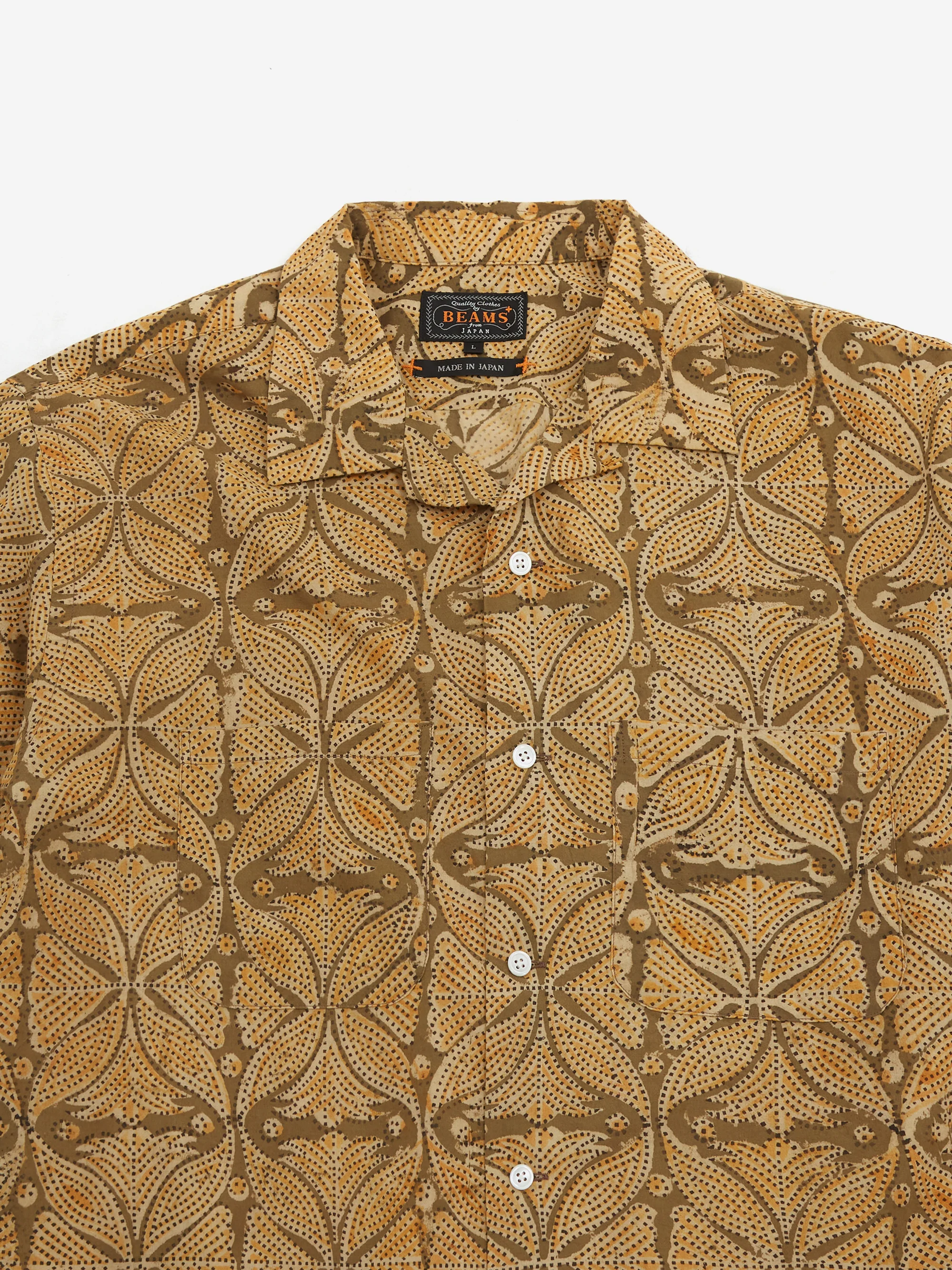 Beams Plus Open Collar Block Print Plant Shirt - Khaki - Image 3