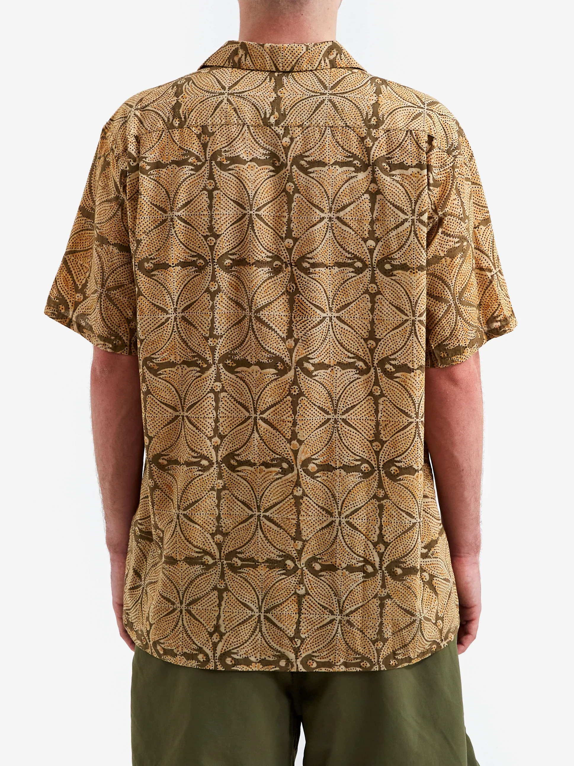 Beams Plus Open Collar Block Print Plant Shirt - Khaki - Image 5