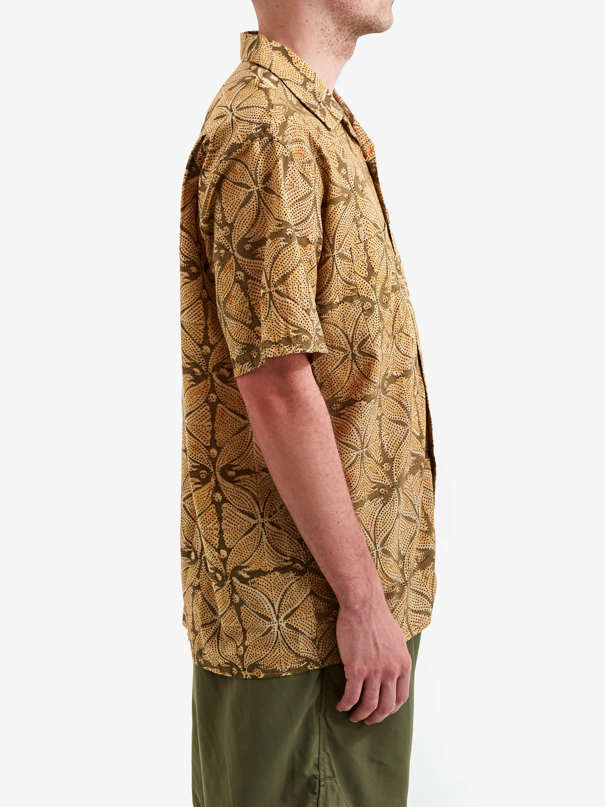 Beams Plus Open Collar Block Print Plant Shirt - Khaki - Image 6