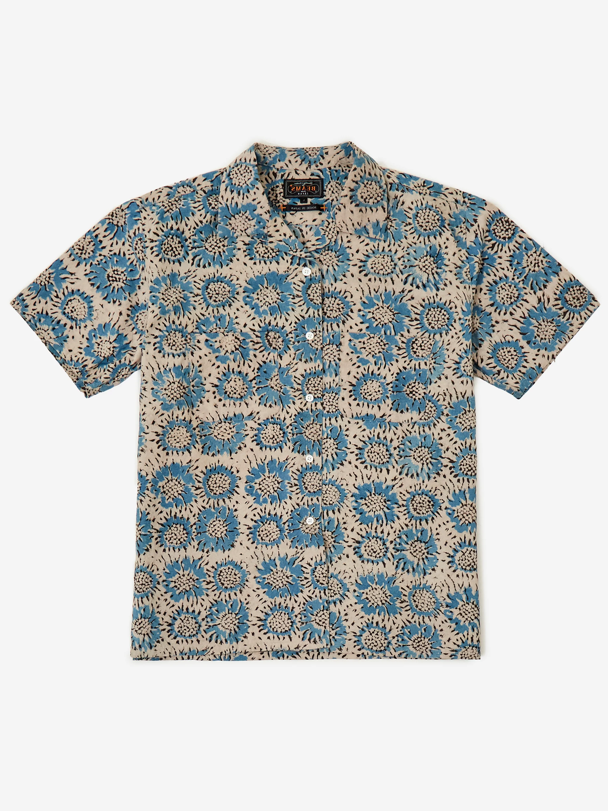 Beams Plus Open Collar Block Print Sun Flower - Blue