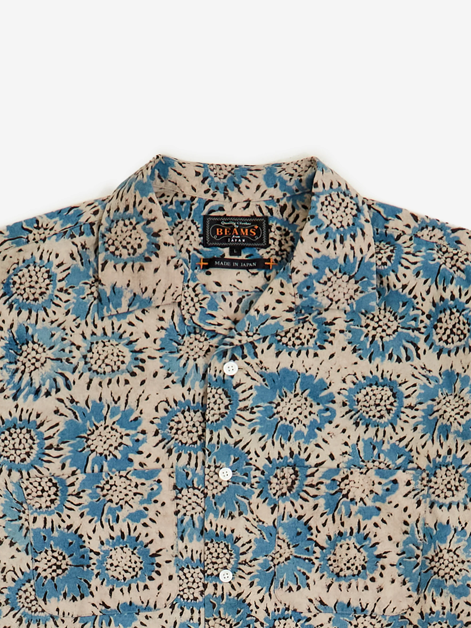 Beams Plus Open Collar Block Print Sun Flower - Blue - Image 3