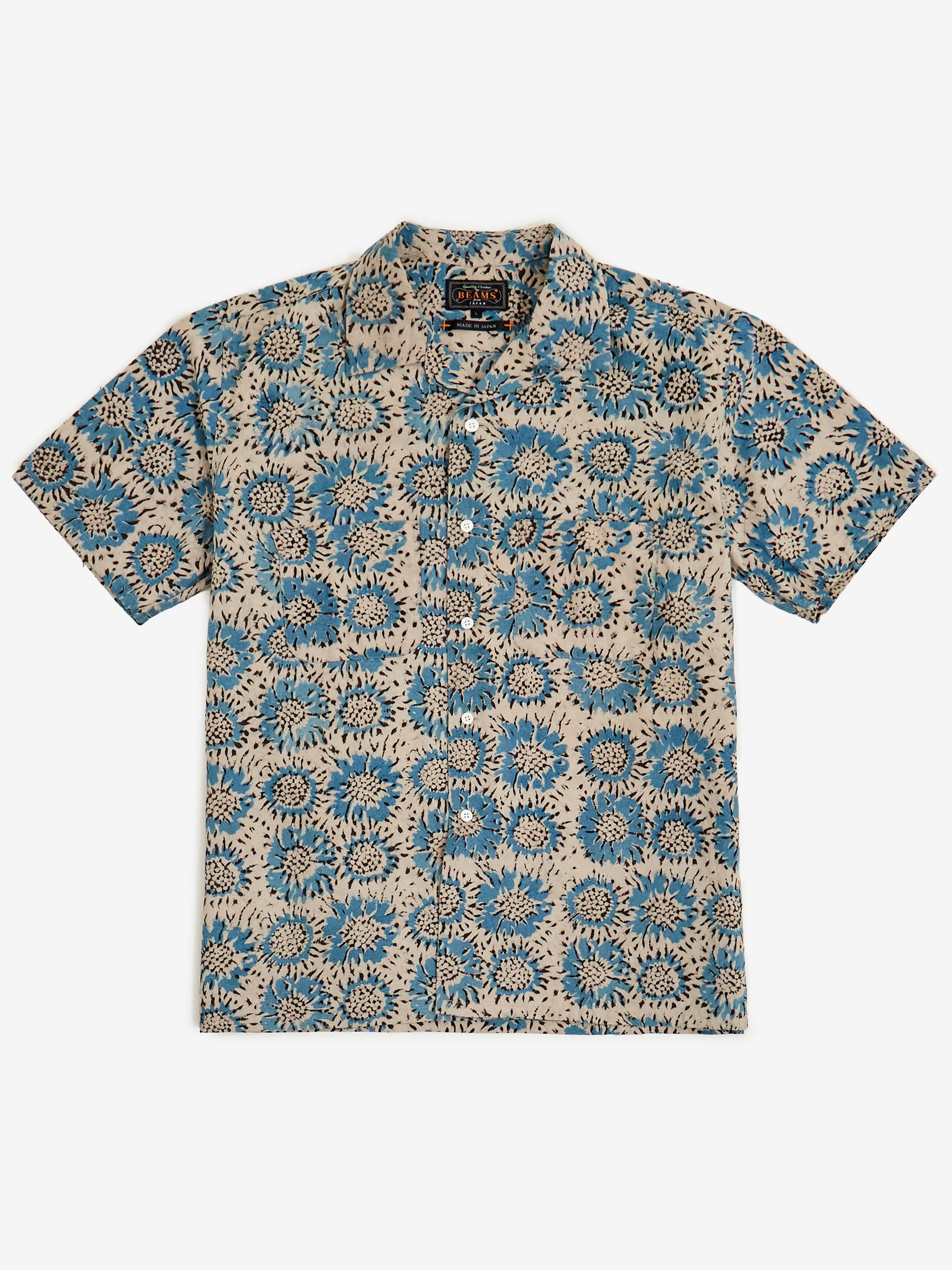 Beams Plus Open Collar Block Print Sun Flower - Blue - Image 4