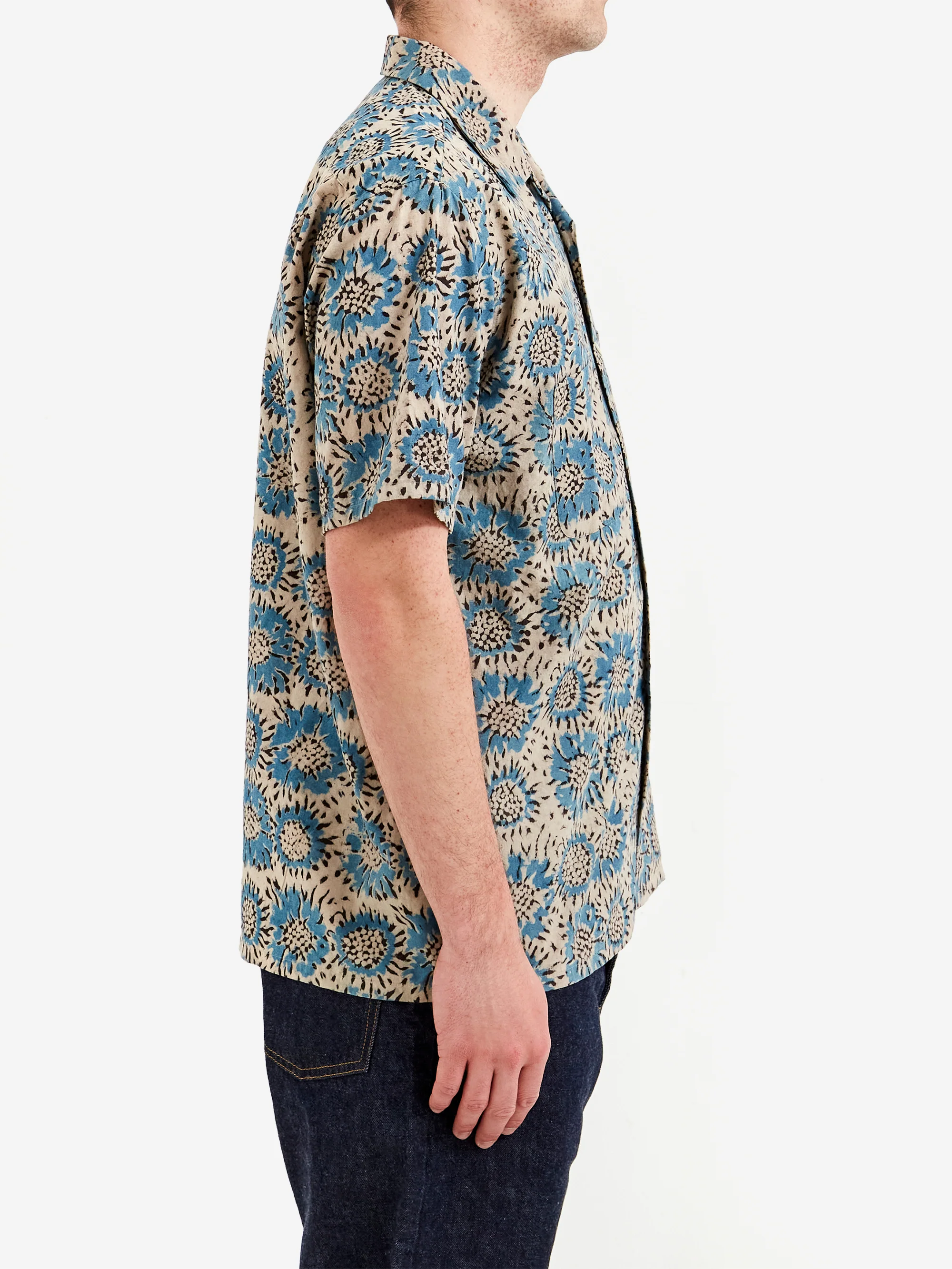 Beams Plus Open Collar Block Print Sun Flower - Blue - Image 5