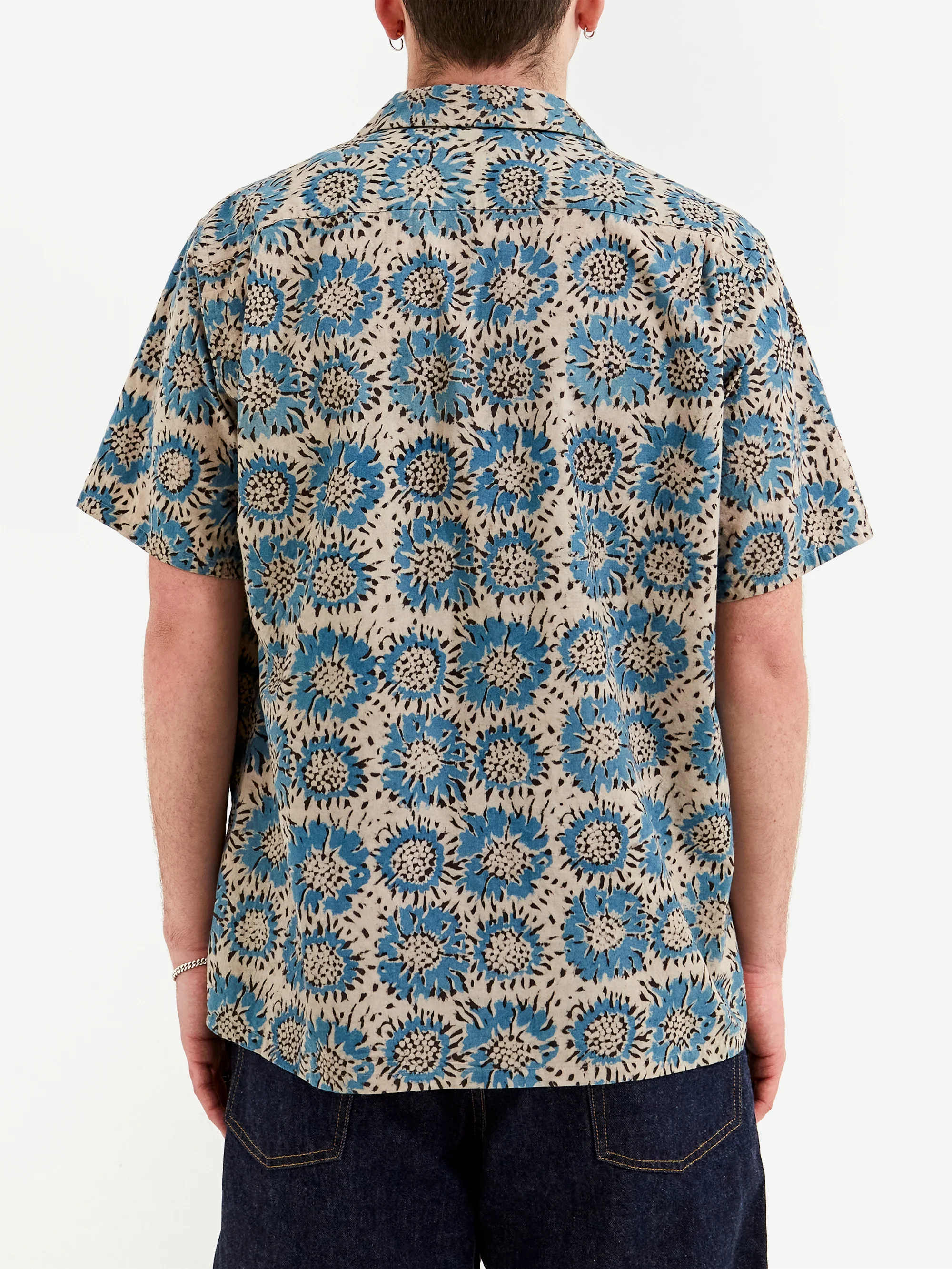 Beams Plus Open Collar Block Print Sun Flower - Blue - Image 6