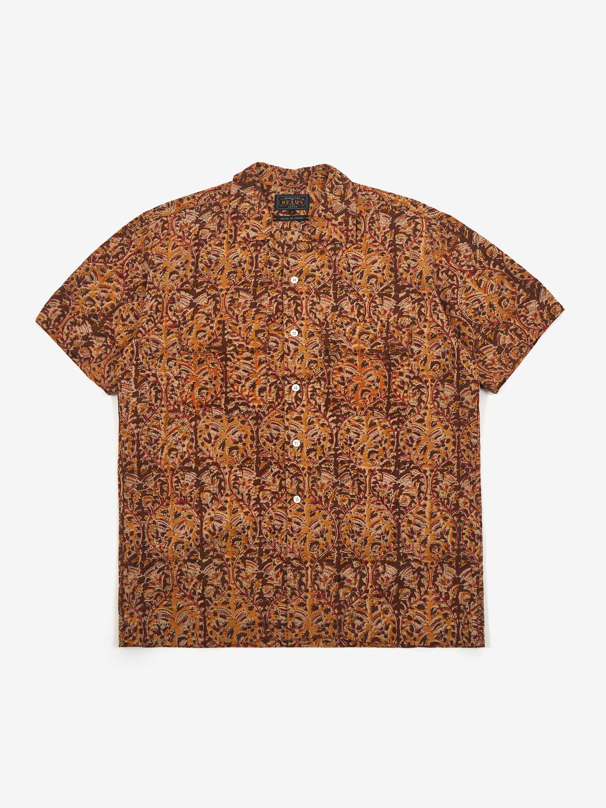 Beams Plus Open Collar SS Block Print - Brown