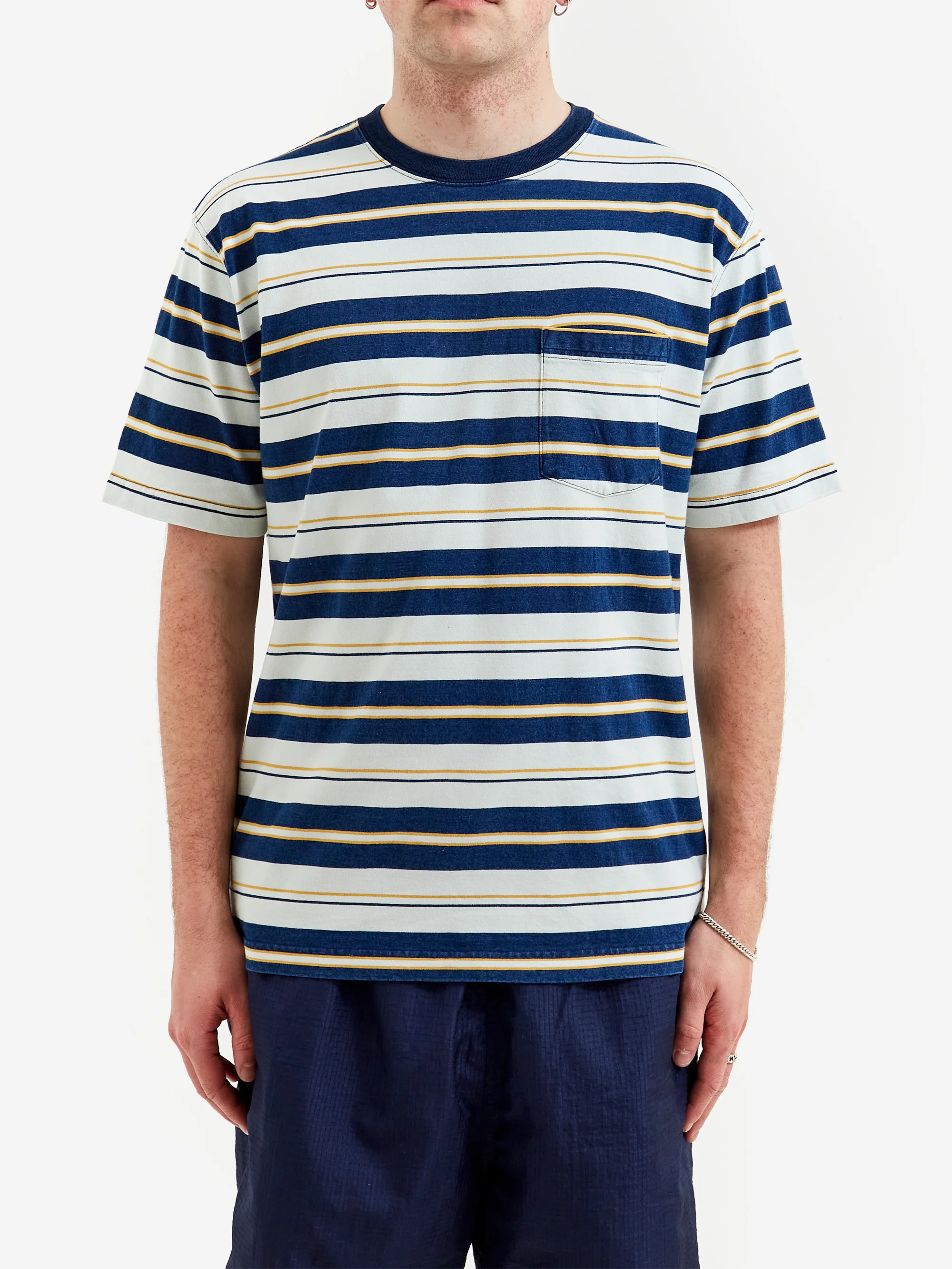 Beams Plus Pocket Tee Stripe Pile - Navy - Image 2