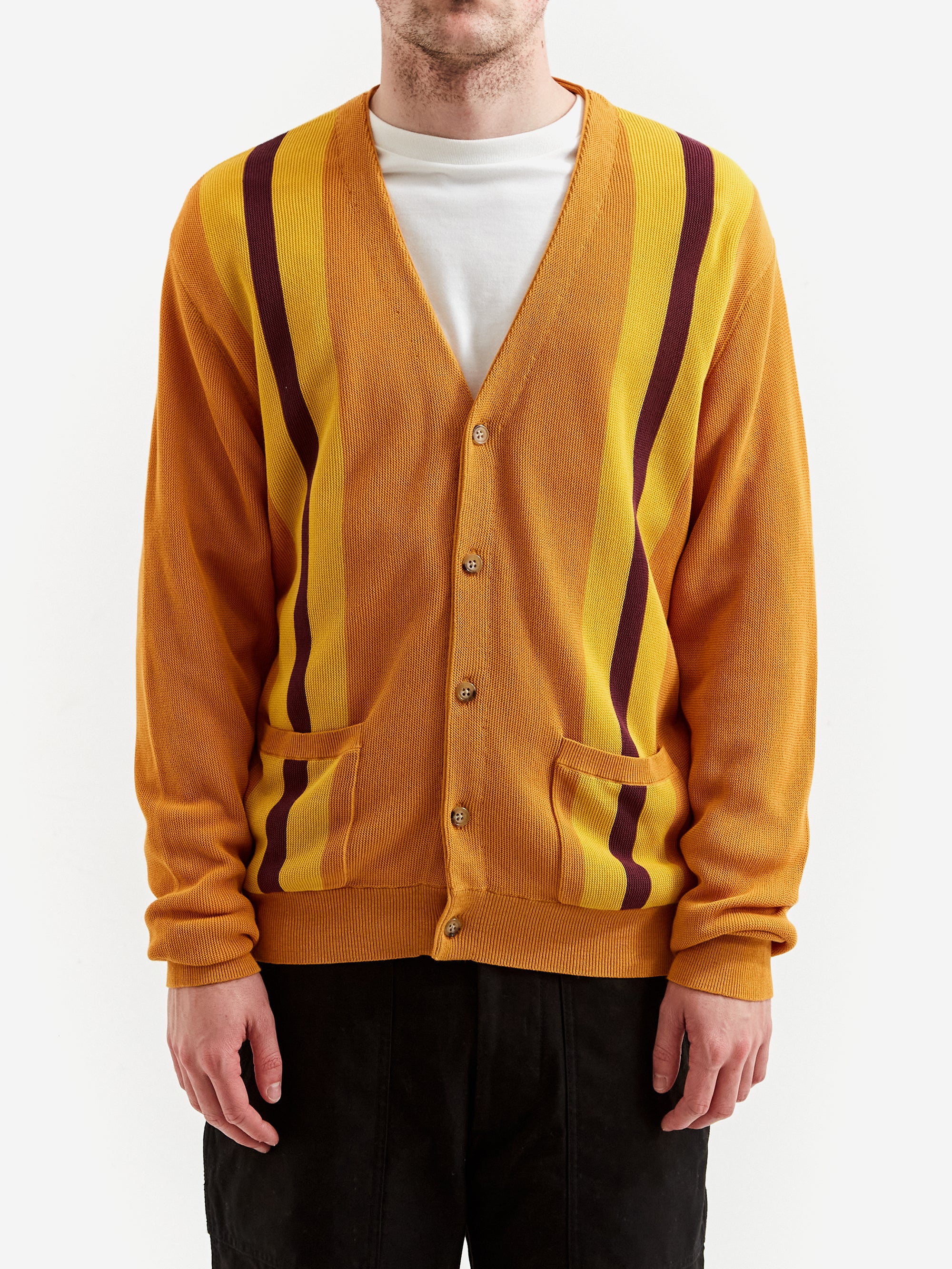 Beams Plus Stripe Jacquard Cardigan - Mustard - Image 2