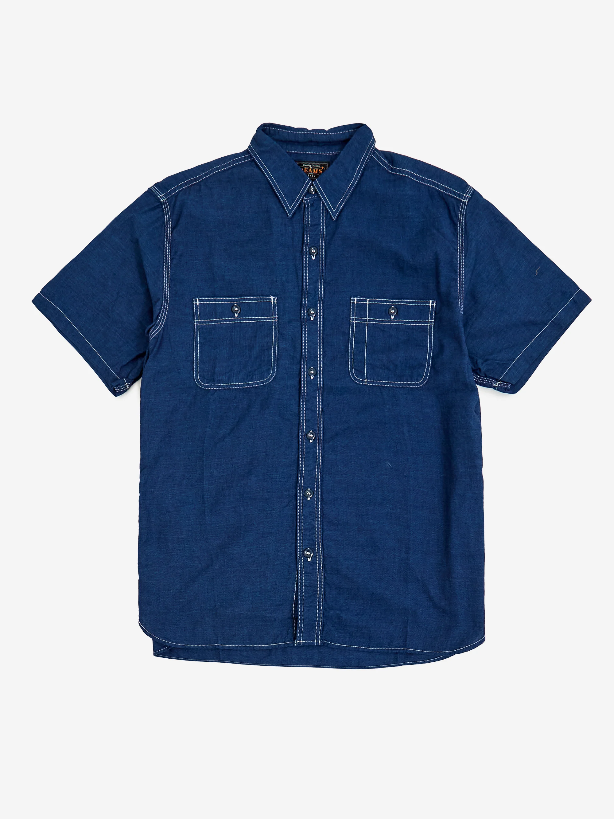 Beams Plus Work Short Sleeve Indigo Chambray - Indigo