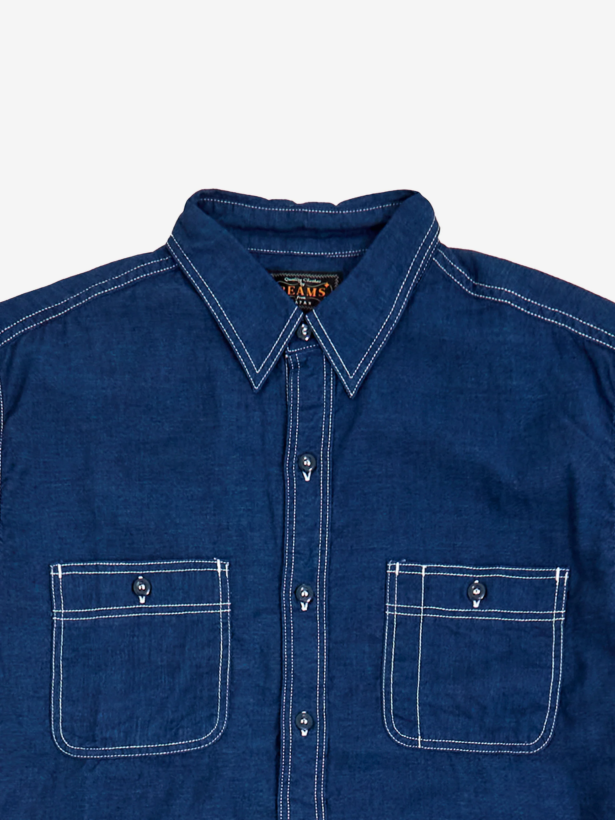 Beams Plus Work Short Sleeve Indigo Chambray - Indigo - Image 3