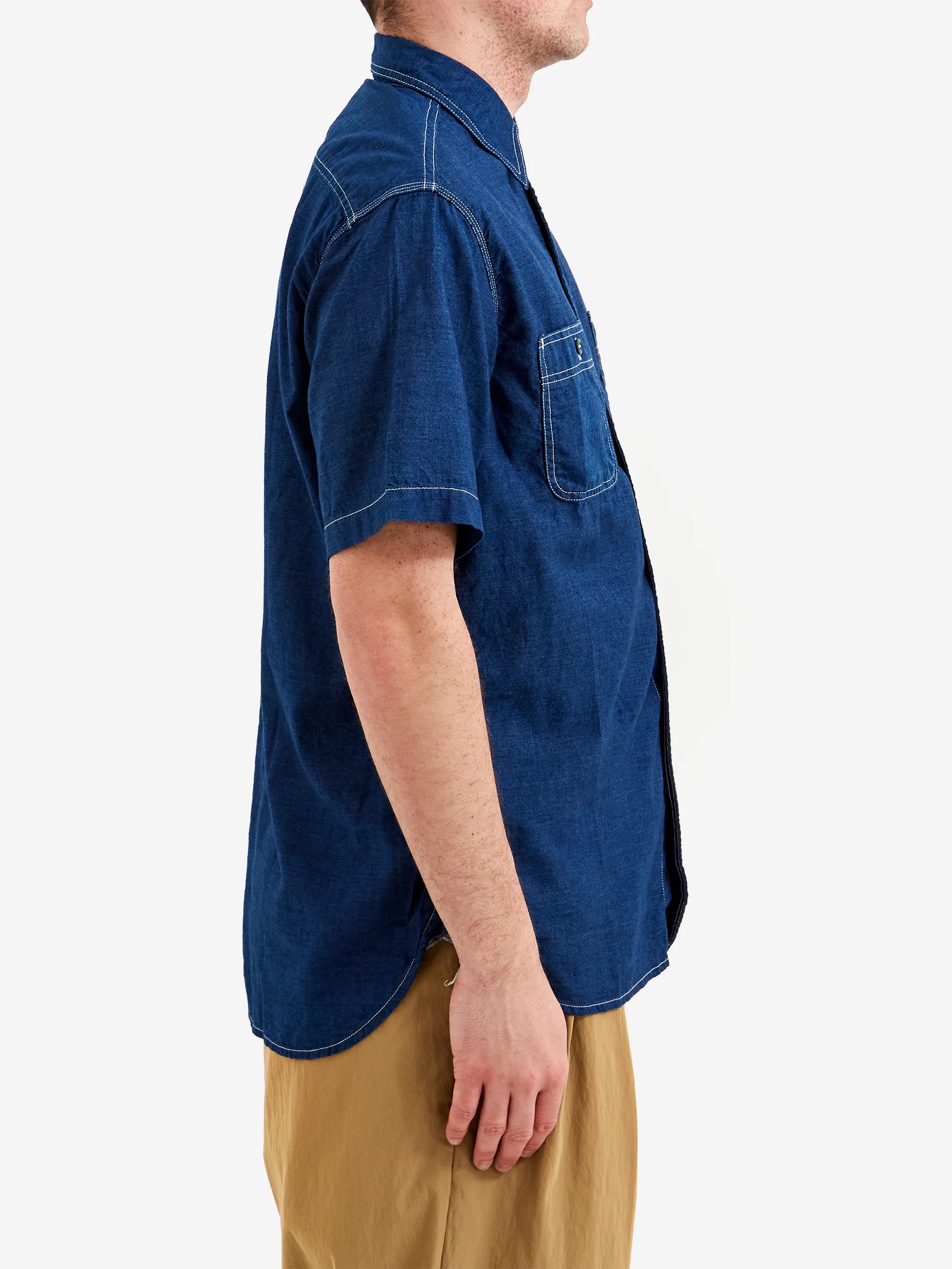 Beams Plus Work Short Sleeve Indigo Chambray - Indigo - Image 5