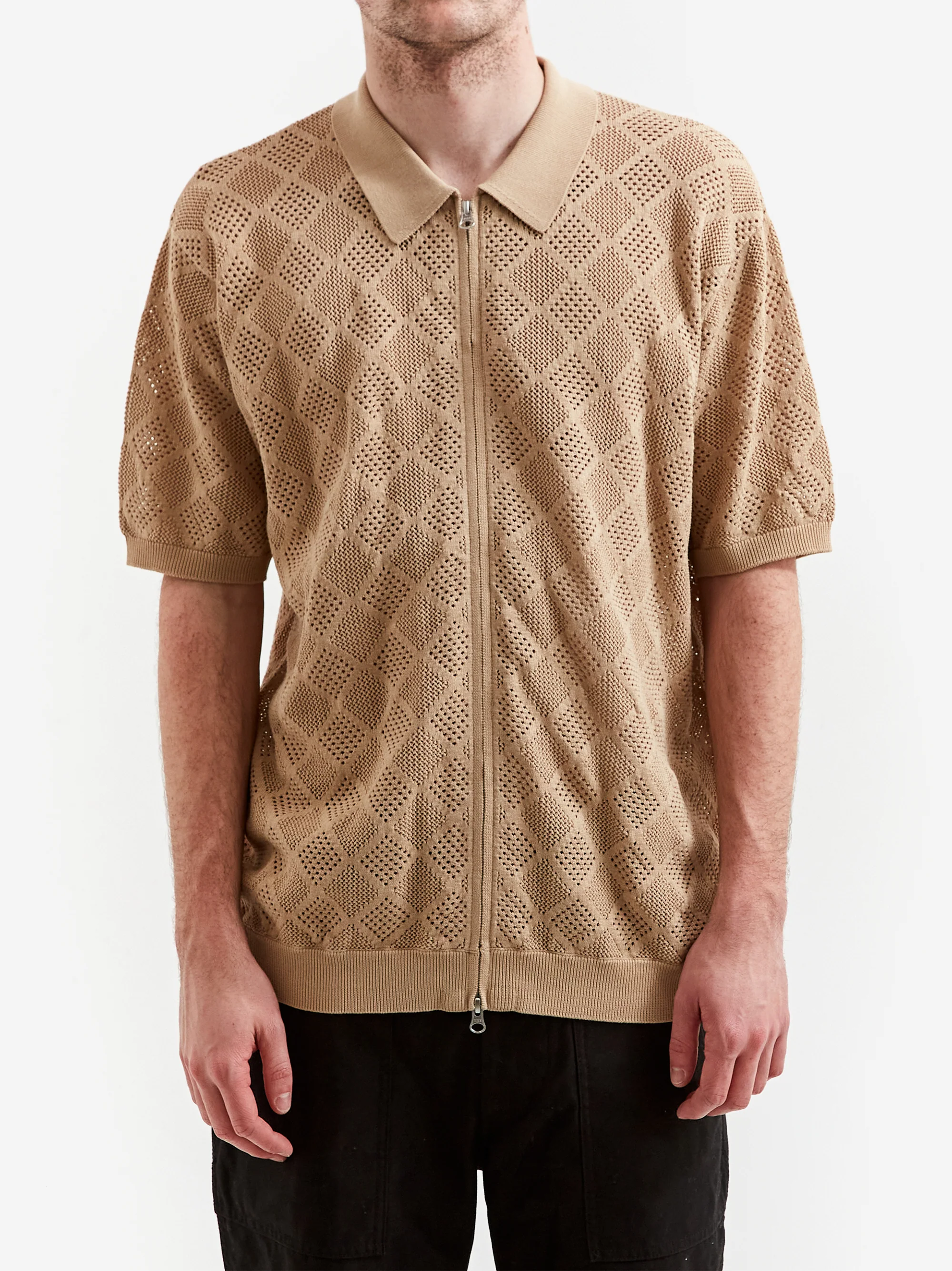 Beams Plus Zip Knit Mesh Polo - Beige - Image 2
