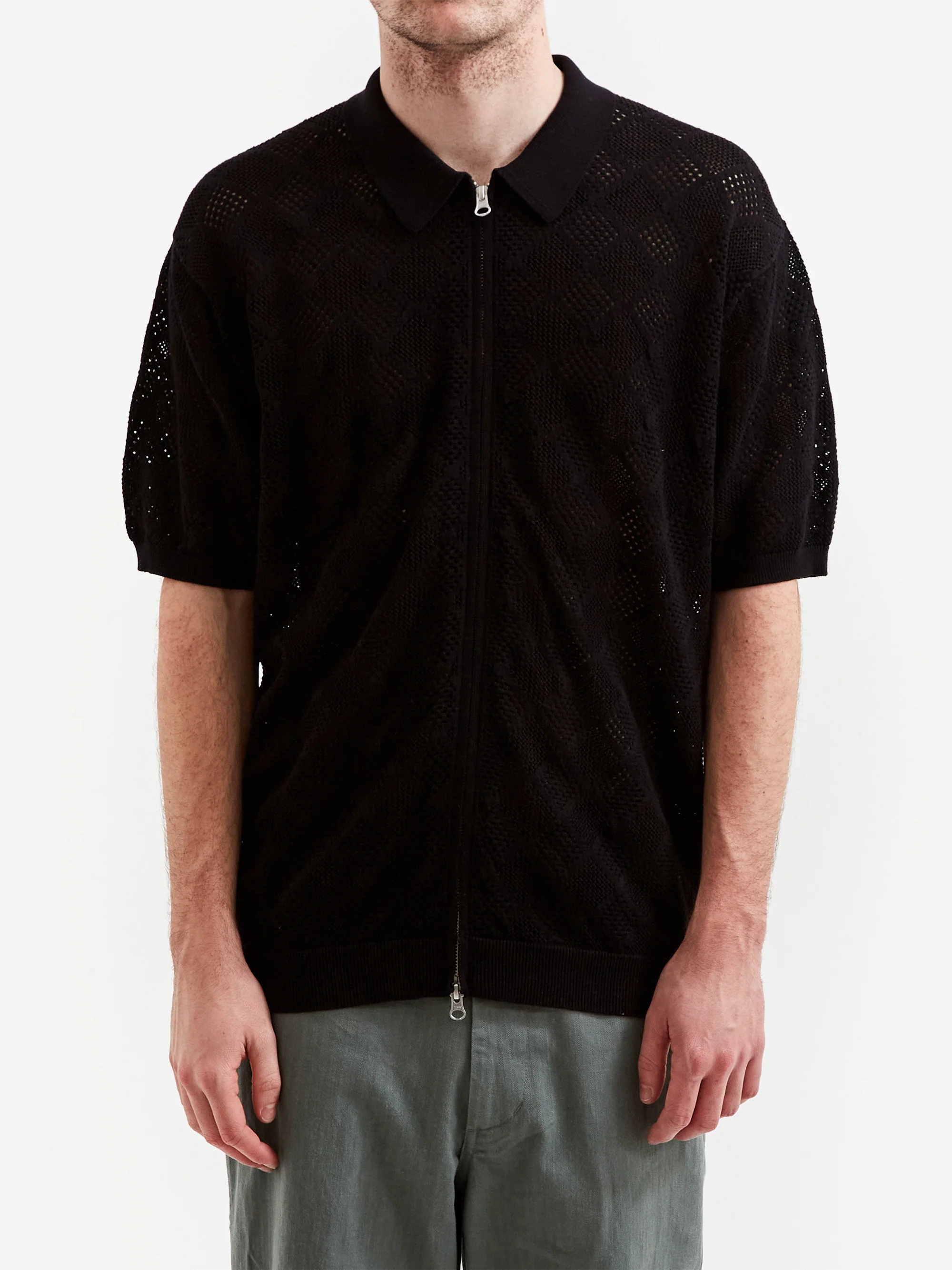 Beams Plus Zip Knit Mesh Polo Mesh - Black - Image 2