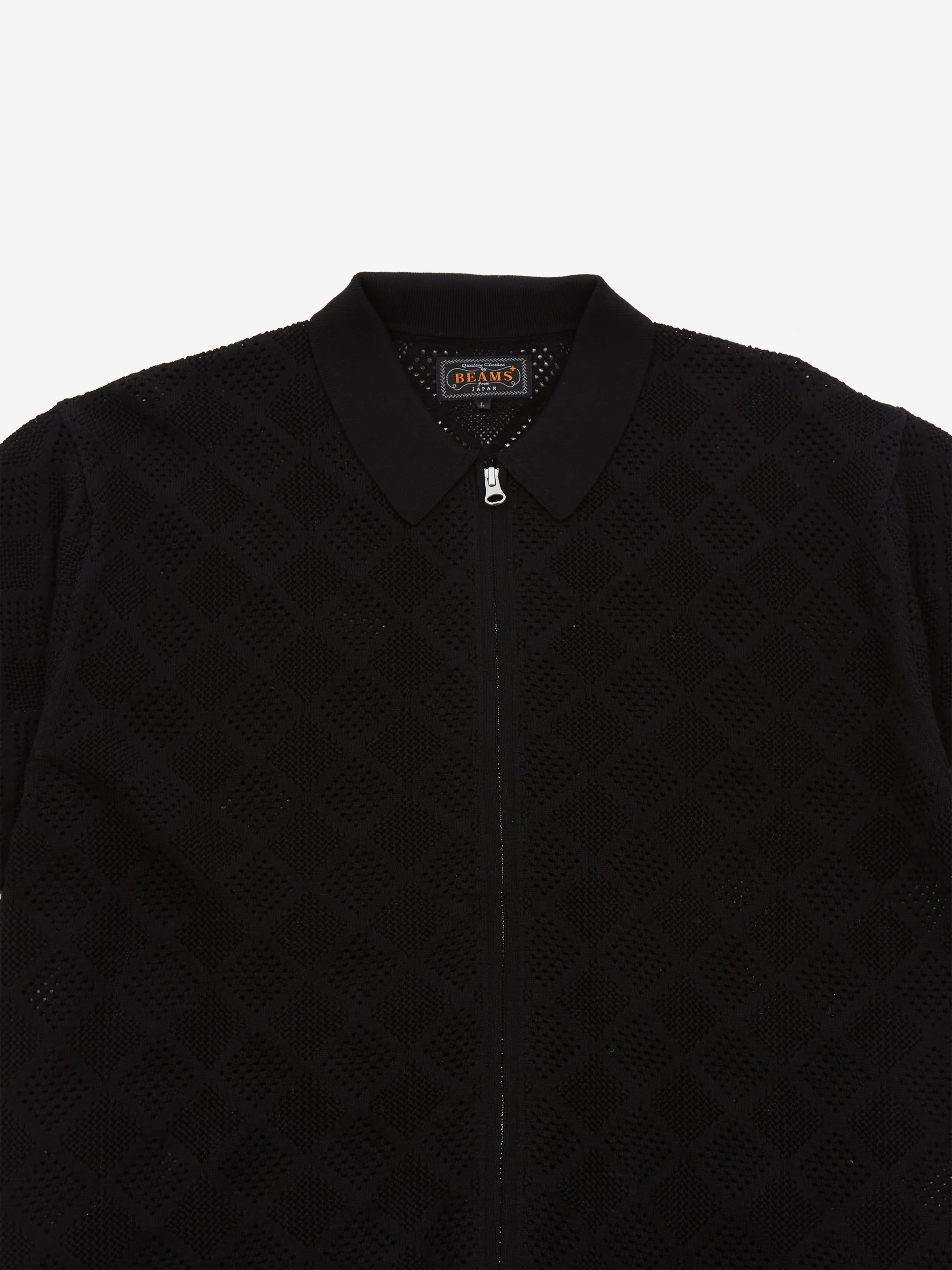 Beams Plus Zip Knit Mesh Polo Mesh - Black - Image 3