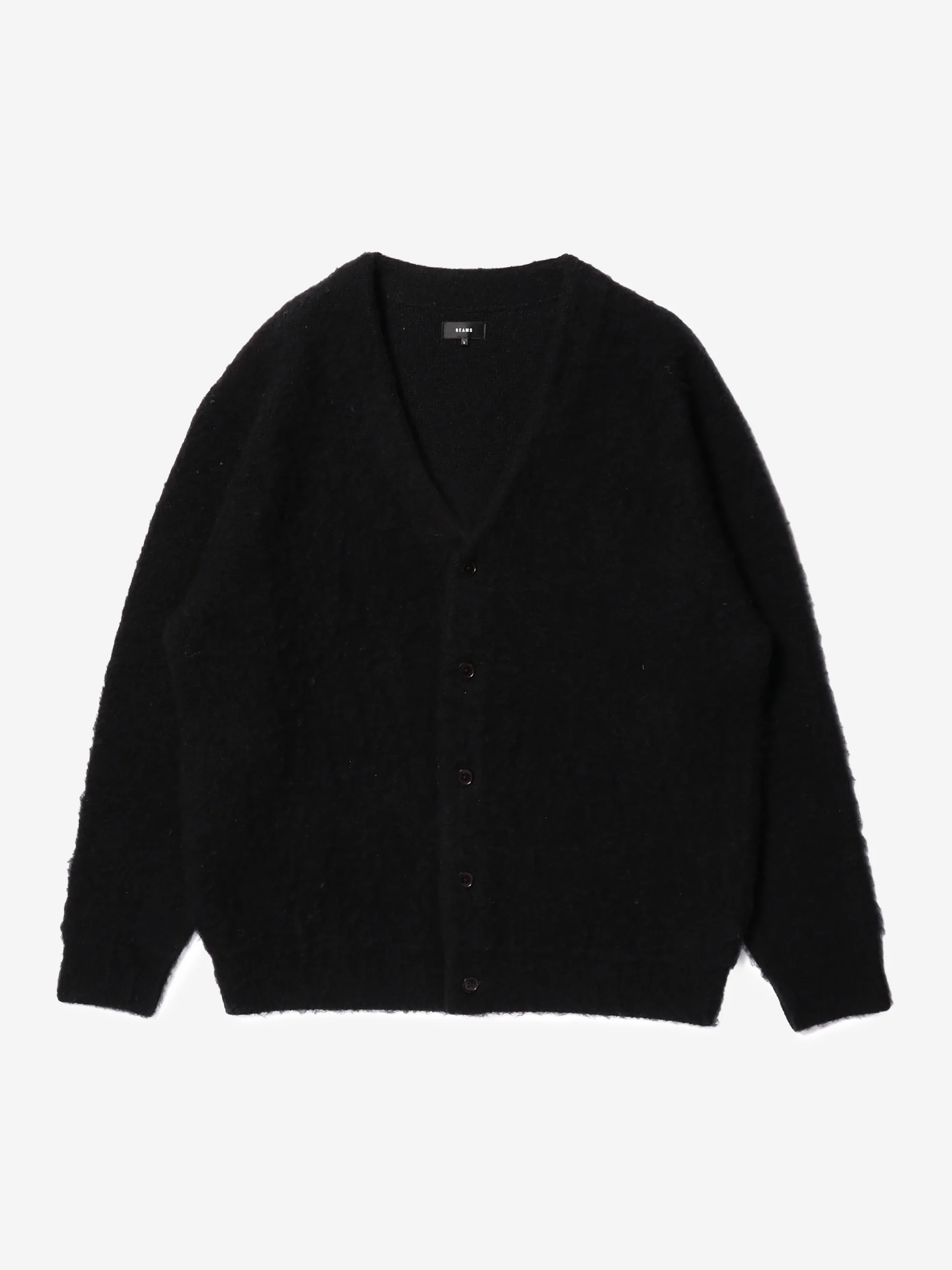 Beams Solid 7GG Solid Shaggy Cardigan - Black