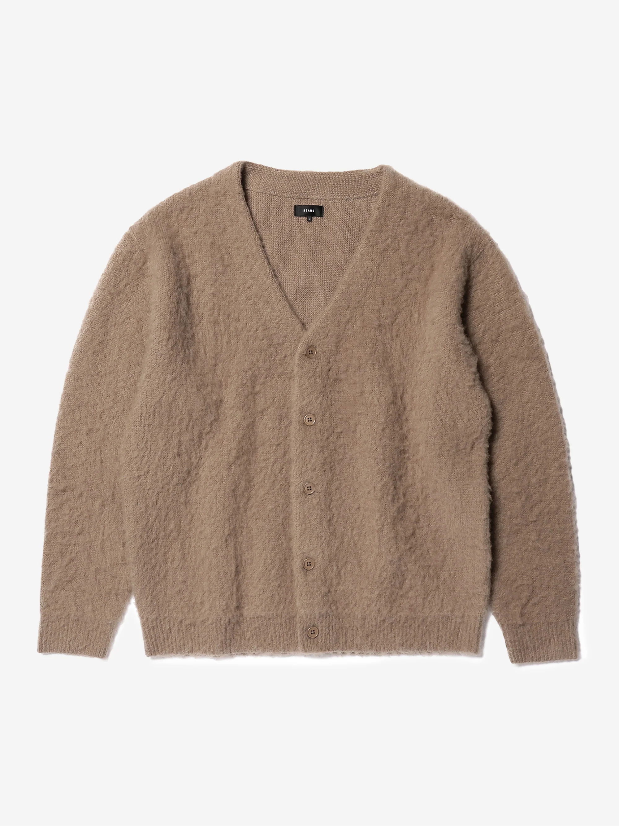 Beams Solid 7GG Solid Shaggy Cardigan - Taupe