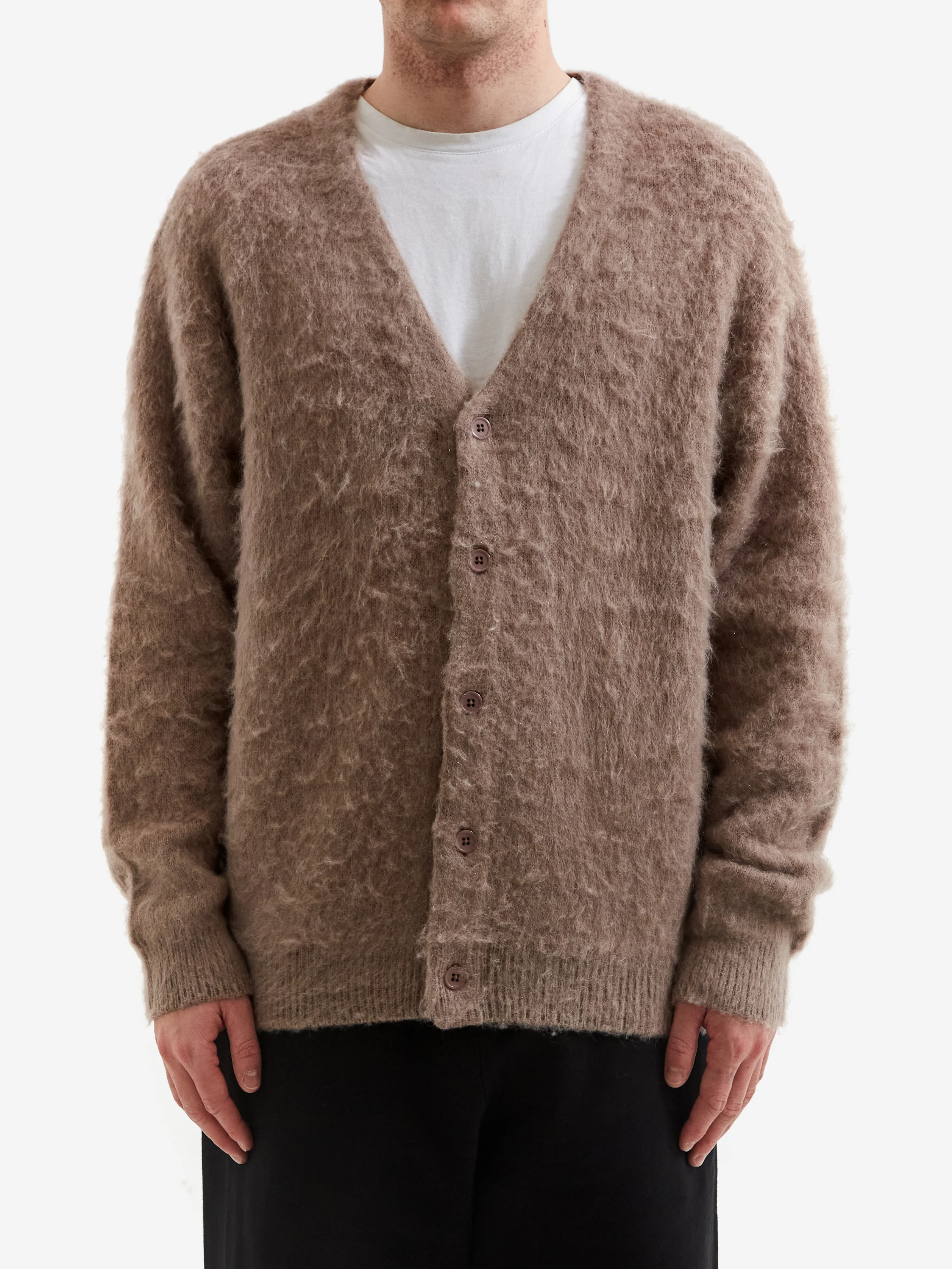 Beams Solid 7GG Solid Shaggy Cardigan - Taupe - Image 2